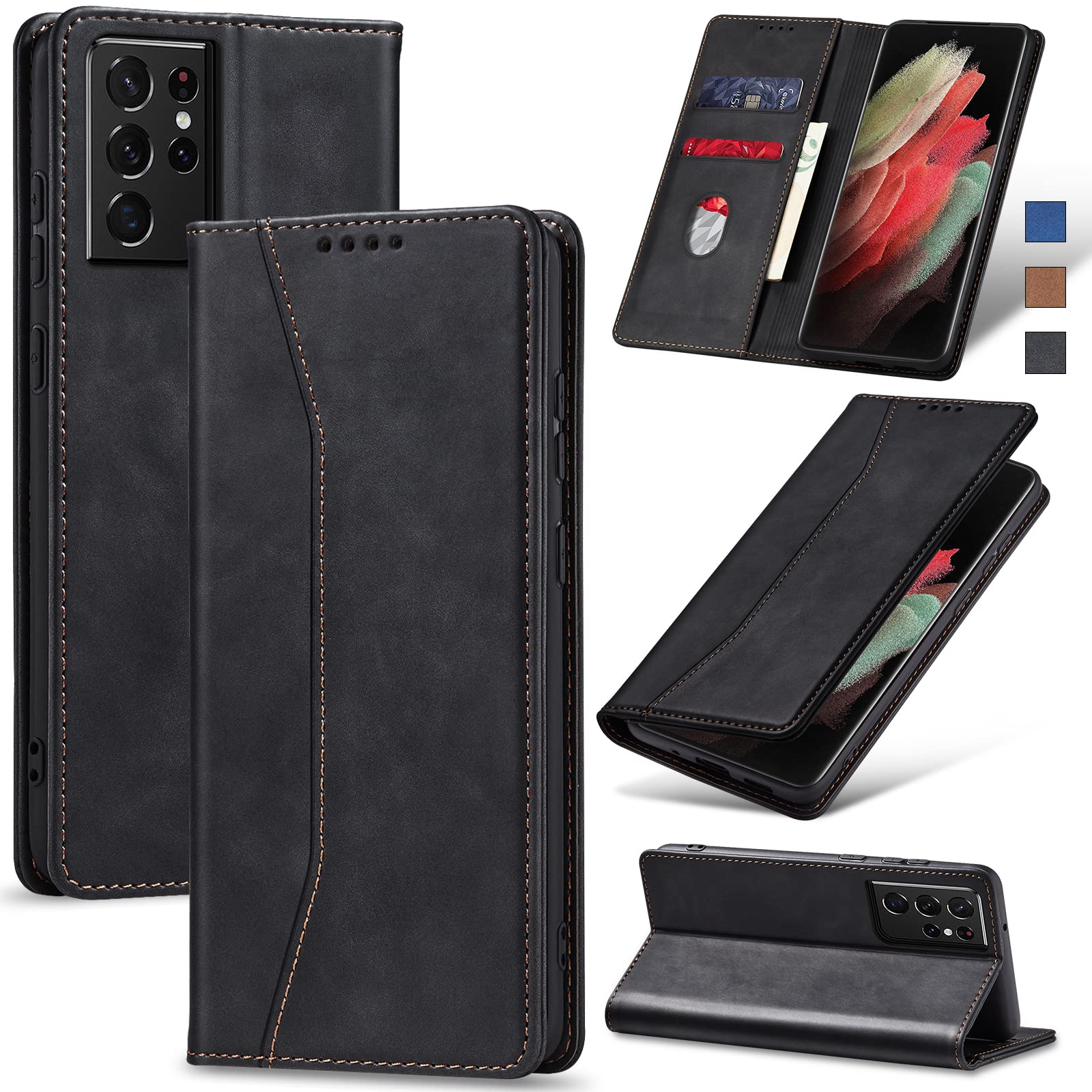 Jasonyu Flip Wallet Case for Samsung Galaxy S21 Ultra 5G,Leather Magnetic Folio Cover with Card Holder,Kickstand - TPU Shockproof Durable Protective