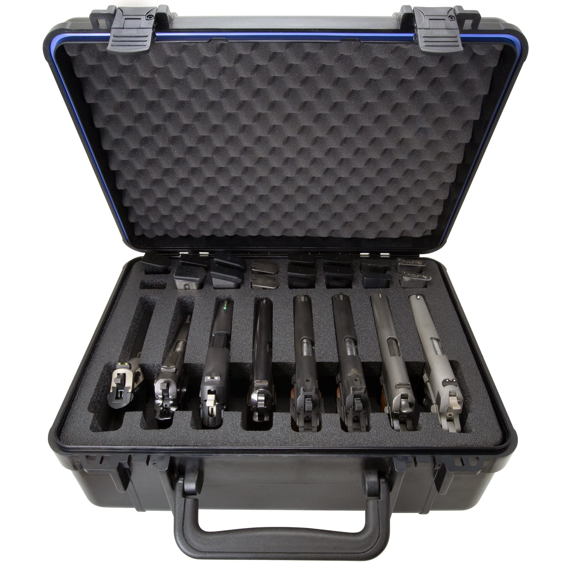 Underwater Kinetics D-Tap 8 Pistol Case with Pre-Cut Foam for 8 Handguns, 16 Magazines, Padlockable, w/Desiccant, TSA Approved Carrying & Storage Case for Firearms