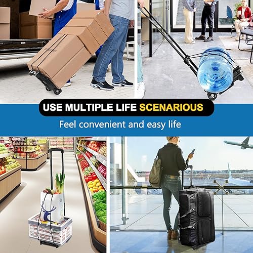 Miniatura 38 de Carro ligero plegable de mano, pequeño carrito utilitario con 4 ruedas y 2 cuerdas elásticas, mochila portátil, carrito de equipaje, carrito