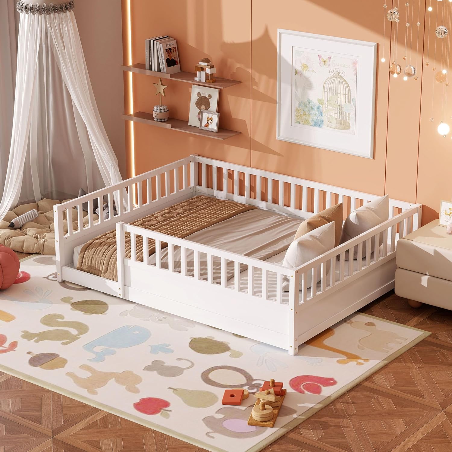 Bellemave Queen Floor Bed Frame with 21.4" High Fence, Solid Wood Queen Montessori Floor Bed for Kids, Low to Ground Full Enclosure Platform Beds, No Box Spring Needed, White