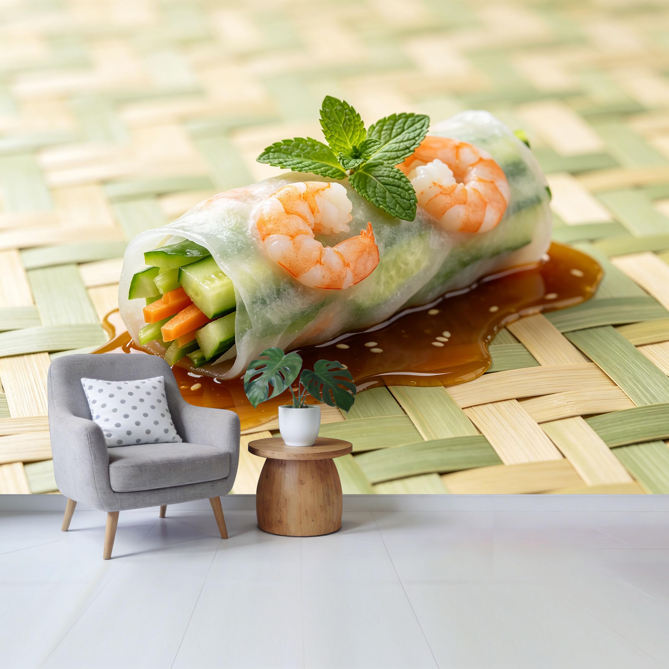 Qzlithotic Yq2605251159 Custom Size Wall Mural Fresh Vietnamese Spring Roll Shrimp Vegetable Gourmet Food Photography 3D Selfadhesive Wall Fabric Removable Wallpaper For Home Office Decor