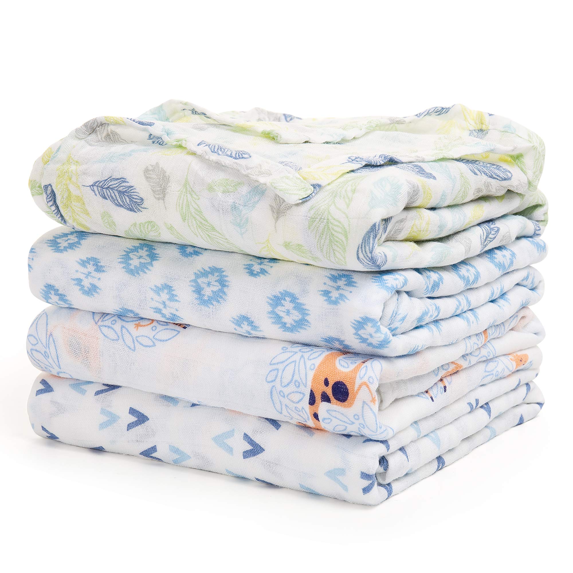 upsimples Baby Swaddle Blanket Unisex Swaddle Wrap Soft Silky Bamboo Muslin Swaddle Blankets Neutral Receiving Blanket for Boys and Girls, 47 x 47 inches, Set of 4 - Leaf/Triangle/Giraffe/Flower