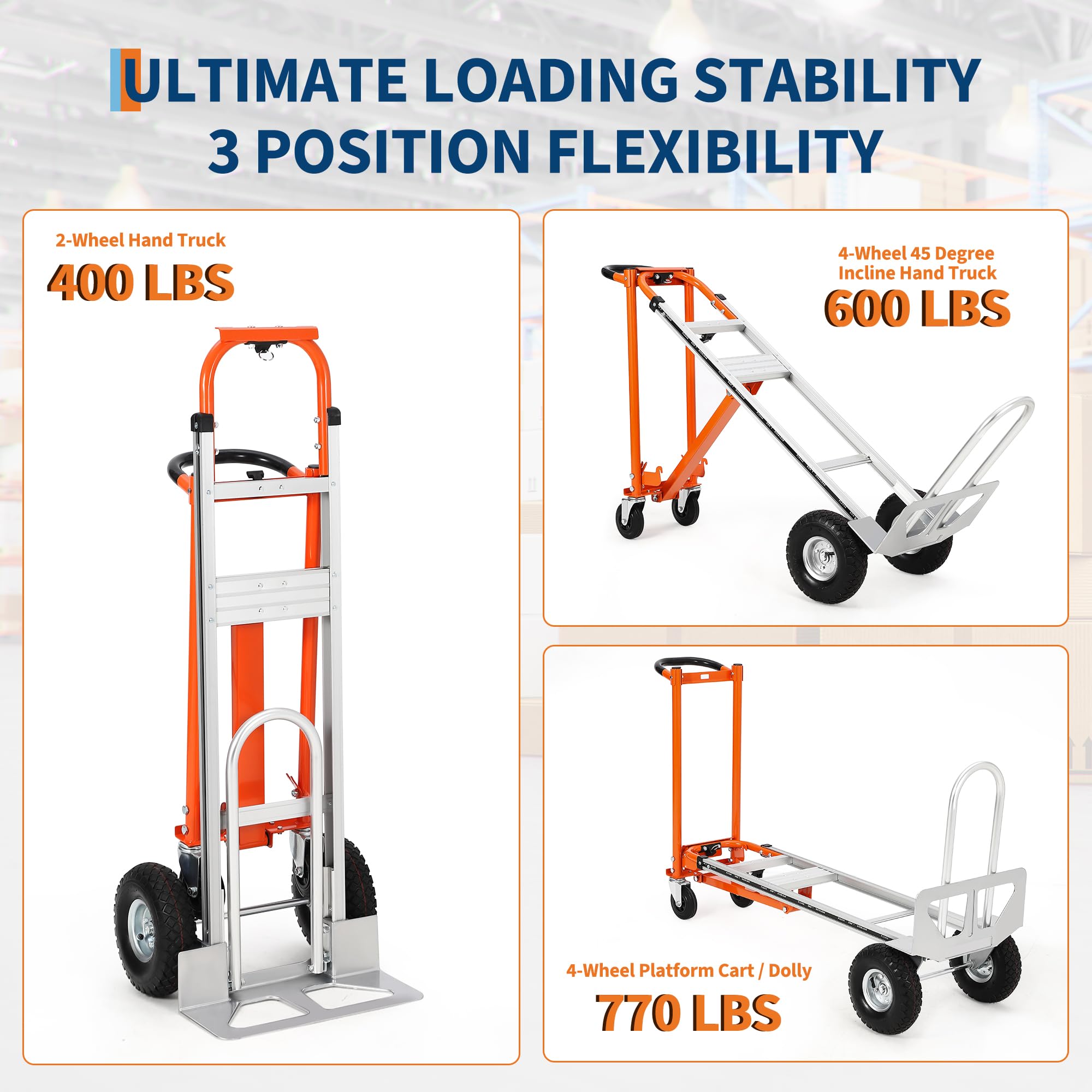 Carro de mano 3 en 1 de alto rendimiento, con capacidad de carga de 362 kg, carro de mano de aluminio con ruedas elevadoras de escaleras, carro para almacenamiento, transporte y mudanzas (rojo y plata