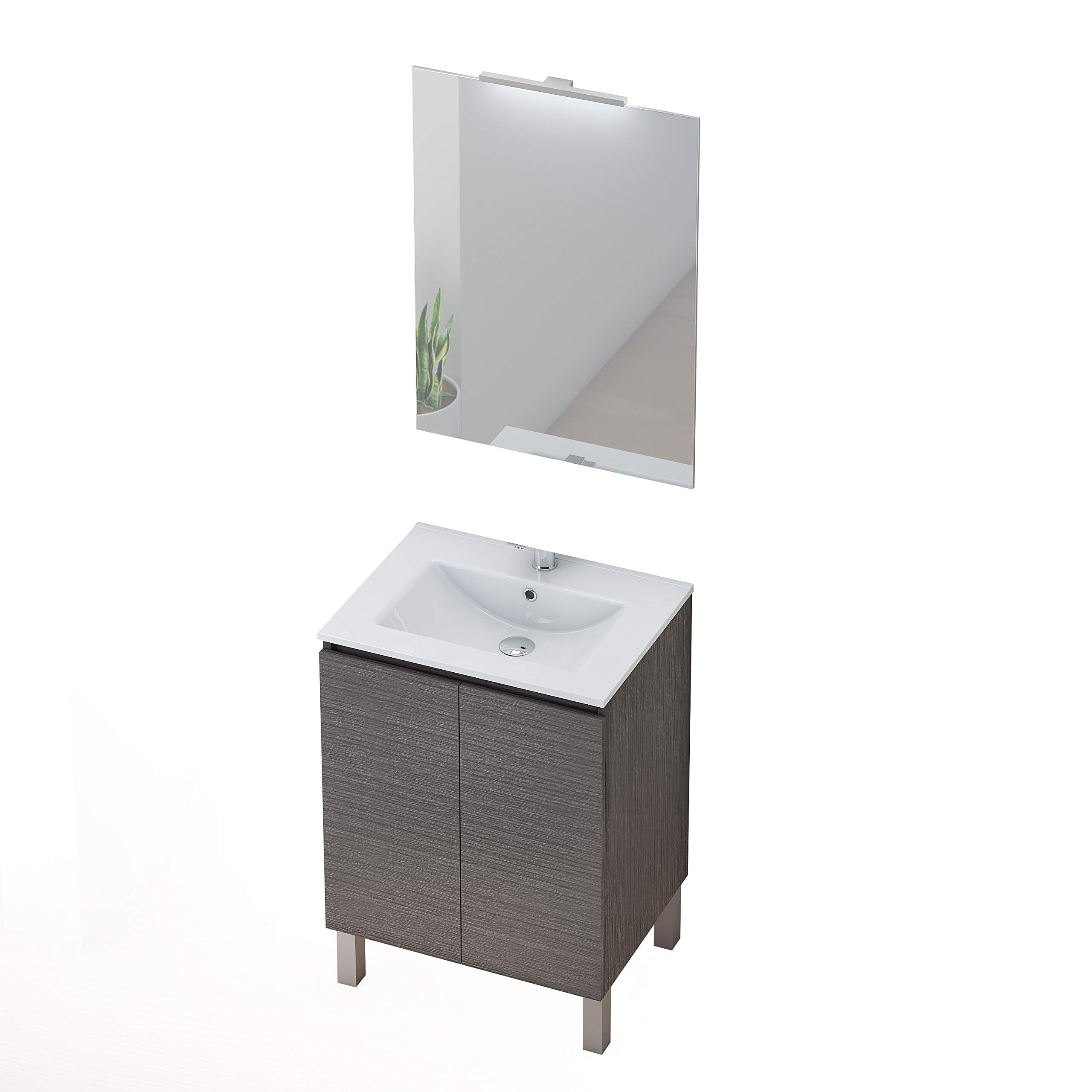 Baikal Conjunto Mueble de Baño con Lavabo y Espejo con Aplique LED con Patas, en Varios Acabados, Melamina 16. 2 Puertas 80 cm Ceniza