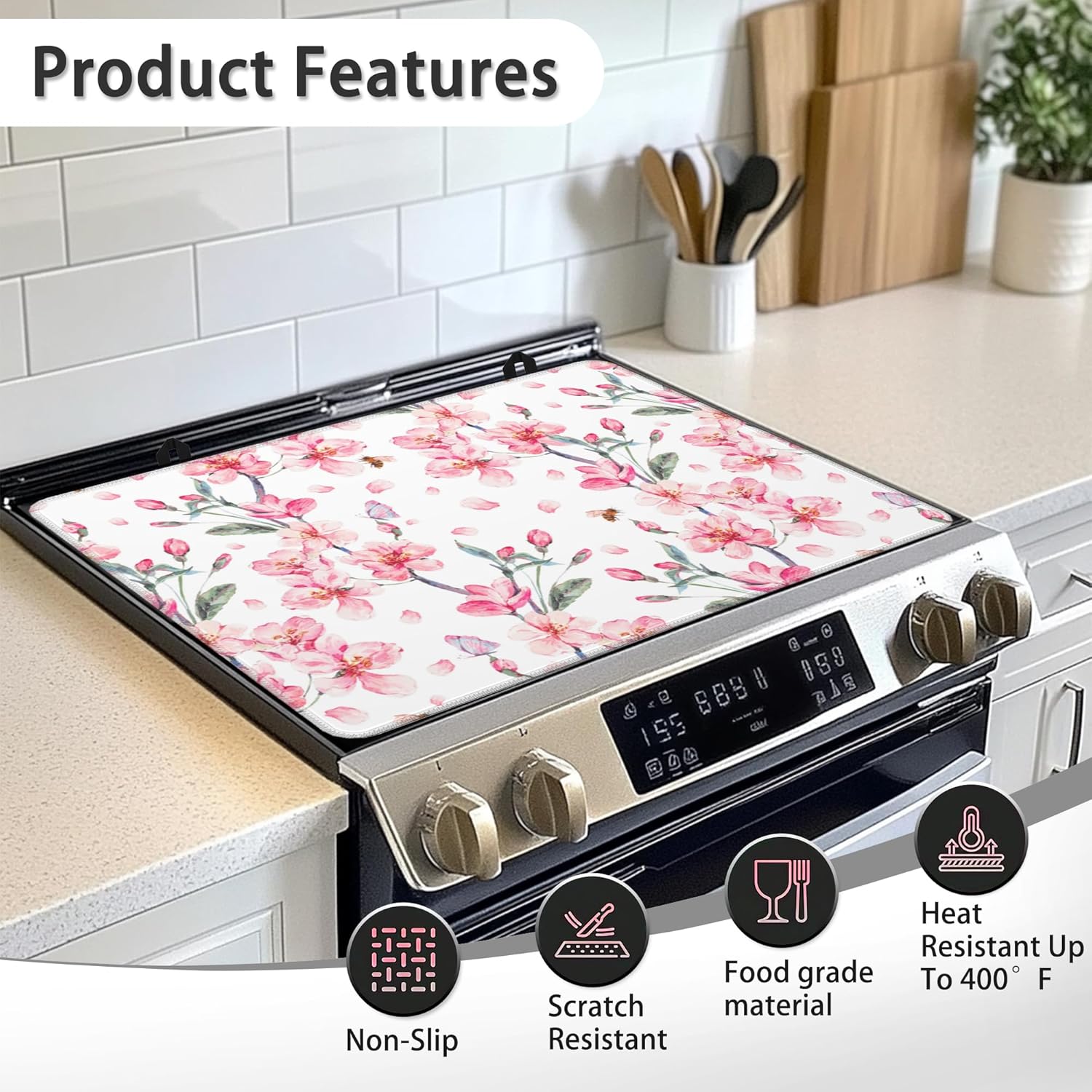 Stove Top Covers for Electric Stove,Pink Flowers Branches Butterflies Stove Top Cover Protector, Thick Induction Cooktop Protector, Heat Resistant Range Ceramic Stove Top Mat, Dish Drying Mat