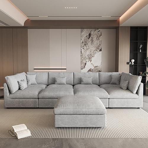 Miniatura 129 de WJShome - Sofá seccional modular en forma de nube para sala de estar, sofá de 160" con relleno de plumón en forma de U con otomano, sofás