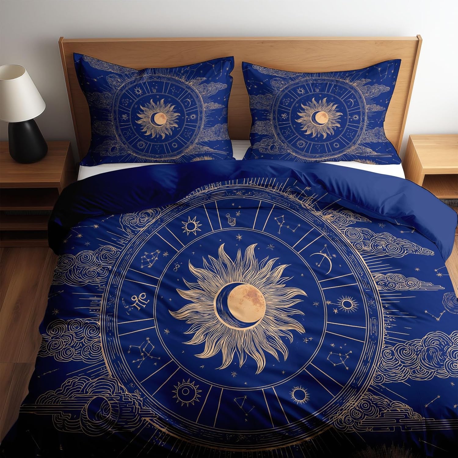 3PCS Luxury Fantasy Celestial Bodies Clouds Sun Print Duvet Cover Full Bedding Sets, Dark Blue Print Quilt Cover for Baby Boys Girls Kids, Modern Bedroom Decor Aesthetic, 2 Pillow Cases