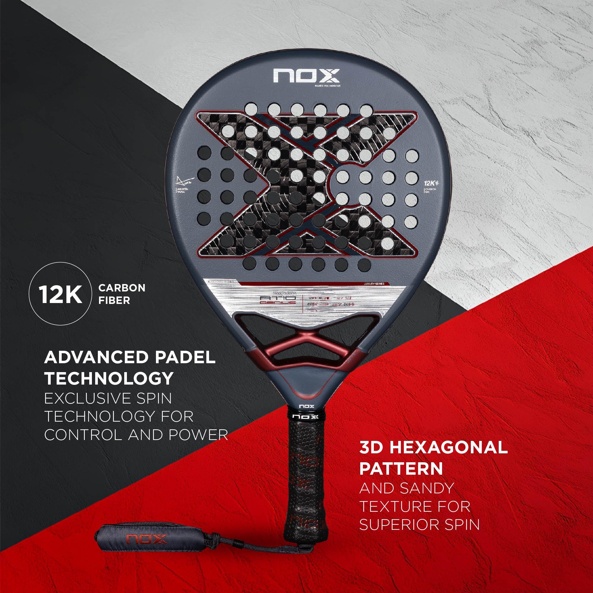 Padel Racket AT10 Genius 12K by Agustin Tapia 2025 | Luxury Series Teardrop Pala Padel | EOS Flap Aerodynamics & Custom Grip Technology | Carbon with MLD Black EVA Core Advanced Pala AVS Tech