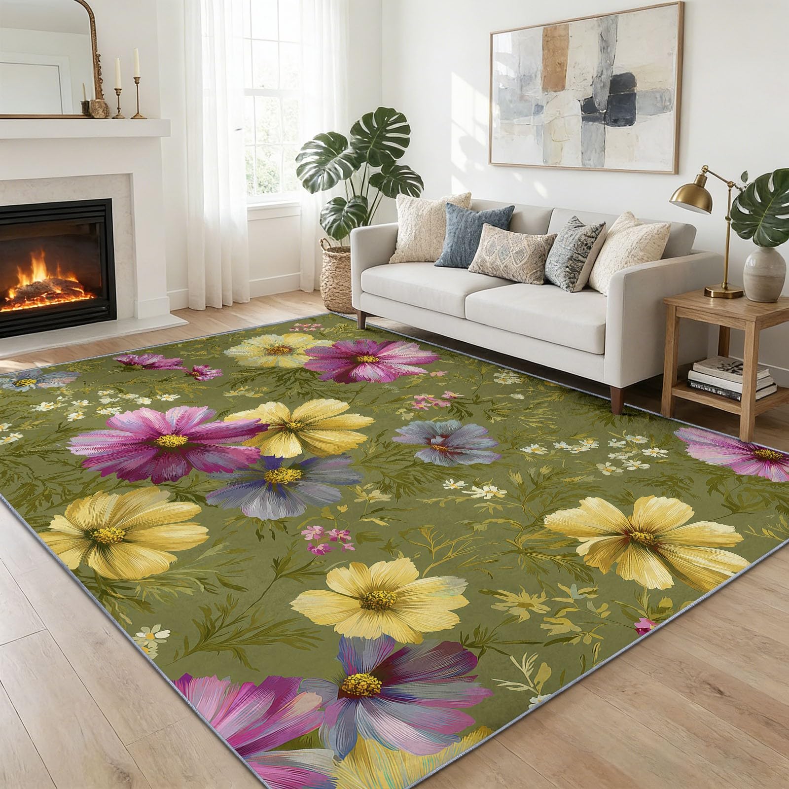 Alfombra de área de 180 x 240 cm, diseño de margaritas Cosmos con flores silvestres, lavable, antideslizante, alfombra antideslizante para dormitorio, sala de estar, alfombra de suelo de pelo corto