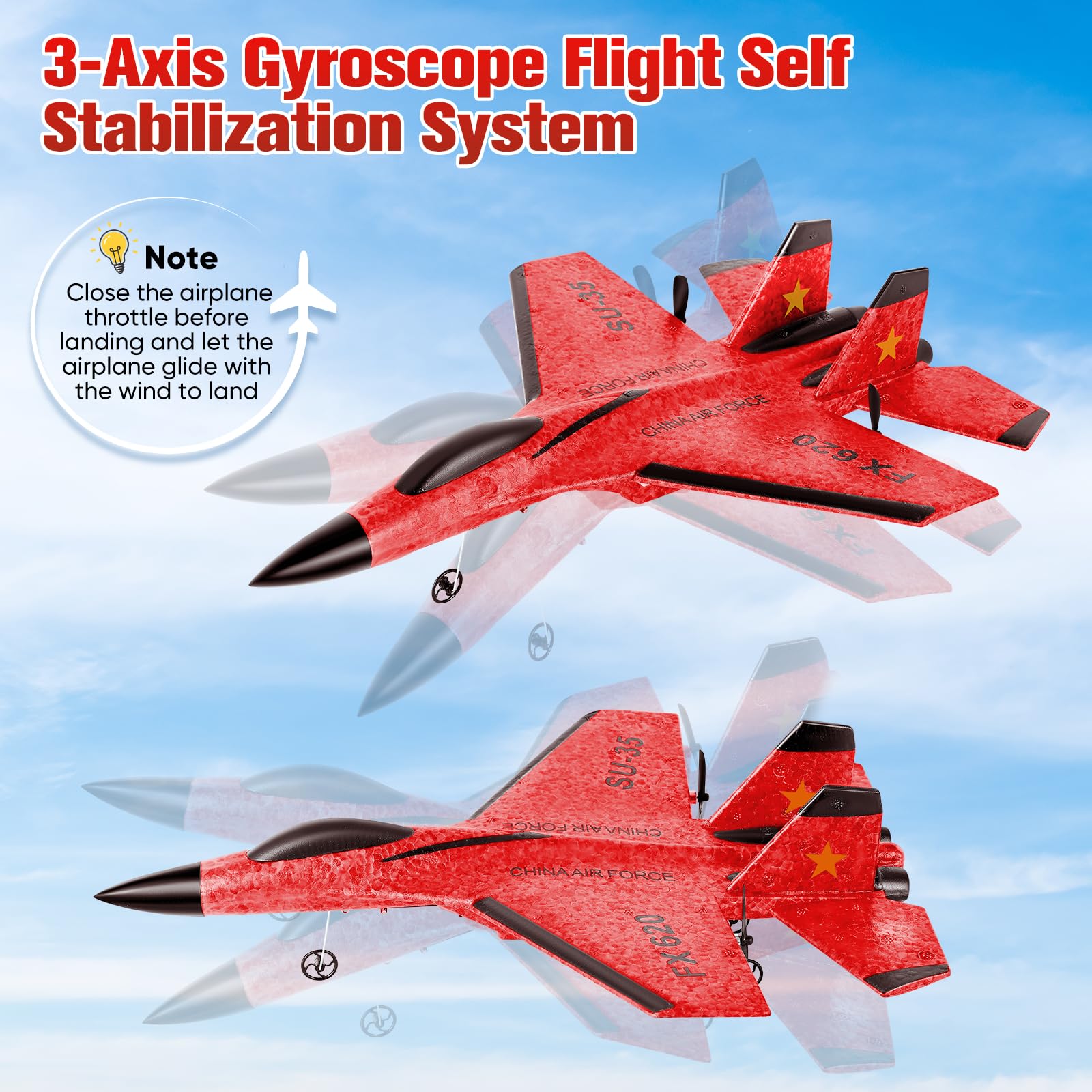 Avion RC 2,4 GHz Télécommandé avec Gyro 3 Axes, Avion de Combat en Mousse 2 Canaux, 2 Batteries LED, Rouge