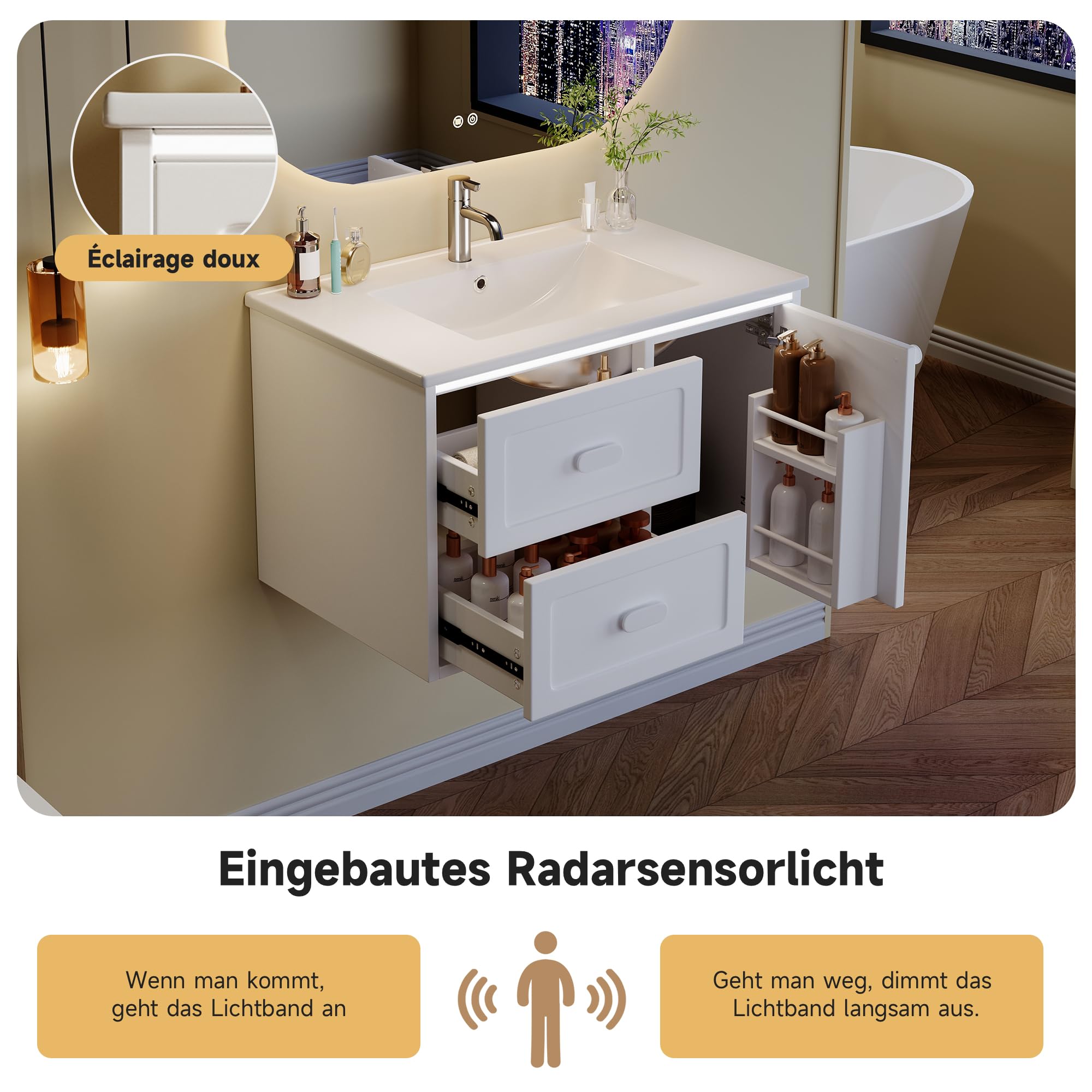 BTM Waschbeckenunterschrank Hängend Badezimmerunterschrank Waschbecken mit Schubladen & LED-Radar Weiß