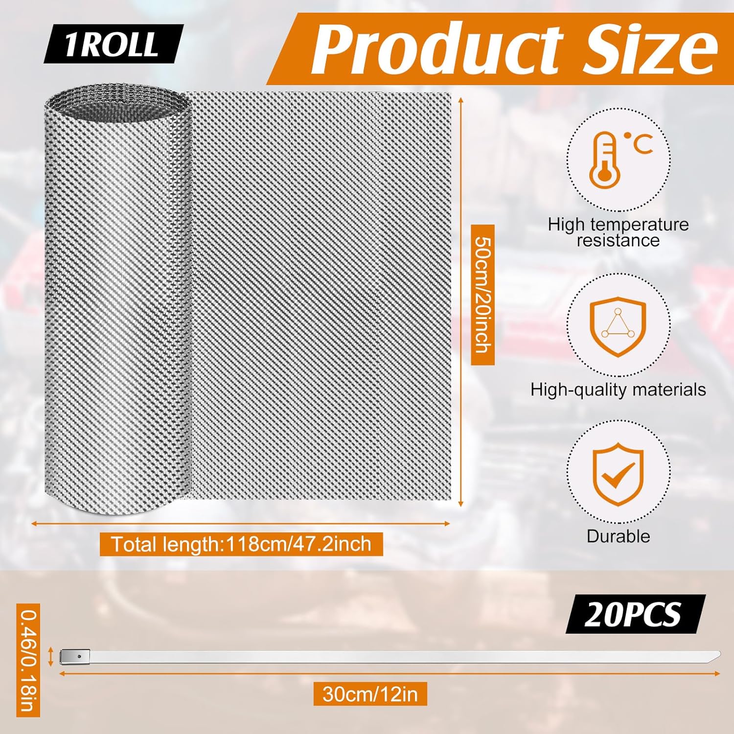 exhaust heat shield automotive, 20" x 47.2" embossed aluminum heat shield material with 20 pcs cable metal zip ties for fire wall, exhaust wrap, wall behind grill
