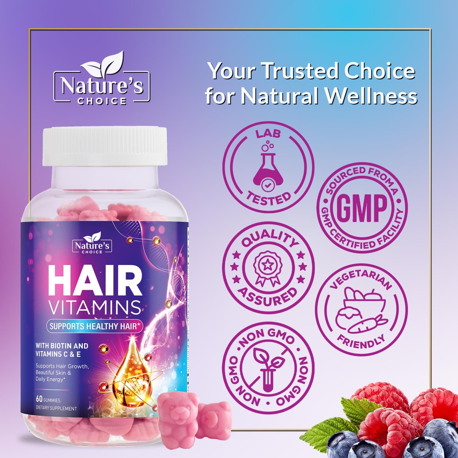 Hair Vitamins Gummies with Biotin 5000 mcg - Extra Strength Hair Growth Support Vitamin E & C - Stronger Radiant Hair, Skin & Nails Supplement - Hair Growth Support Gummy, Berry Flavor - 60 Gummies — Amazon image 4