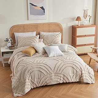 Queen Comforter Set - Beige Comforter for Queen Size Bed, 3 Pieces Boho Tufted Rainbow Bedding Comforters for All Season, Lightweight Soft Microfiber Comforter with 2 Pillow Cases