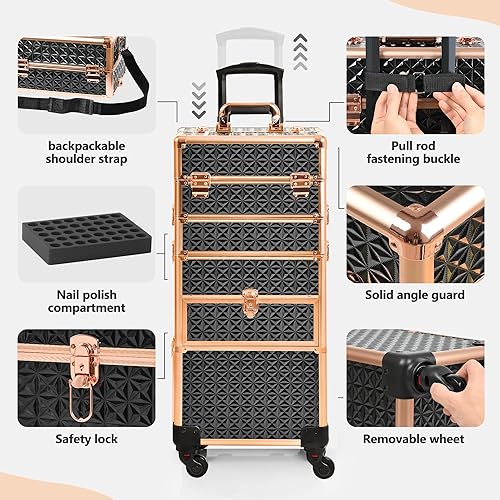 Miniatura 5 de Estuche de maquillaje con cajón, estuche de maquillaje rodante, estuche de cosmetología sobre ruedas, regalo, organizador de estuche de maquillaje