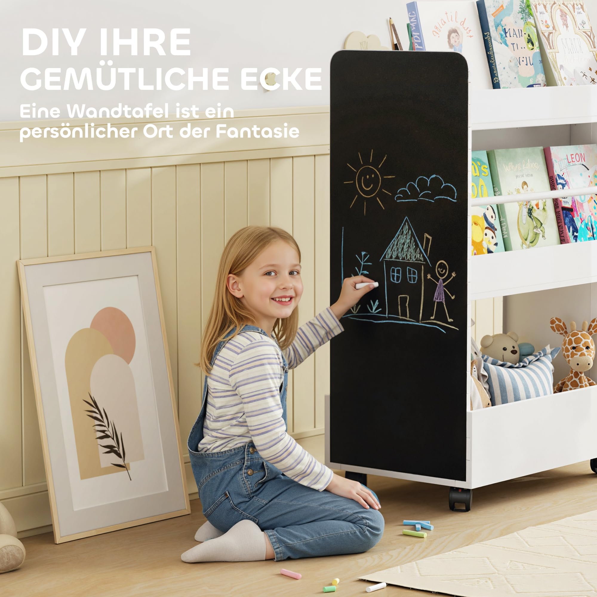 AIYAPLAY Kinder Bücherregal 4 Regalen für 3–8 Jahre 66,5x32,5x86,5 cm Weiß
