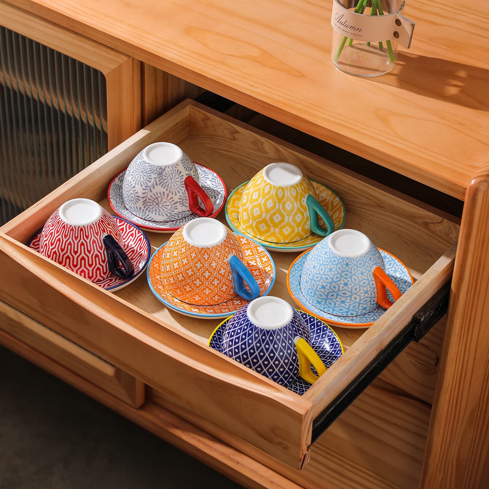 Selamica Ceramiczny zestaw filiżanek do cappuccino 230 ml ze spodkami, filiżanki do kawy, latte macchiato na imprezę, kawiarnię, dom, prezent świąteczny, zestaw 6 sztuk, różne kolory