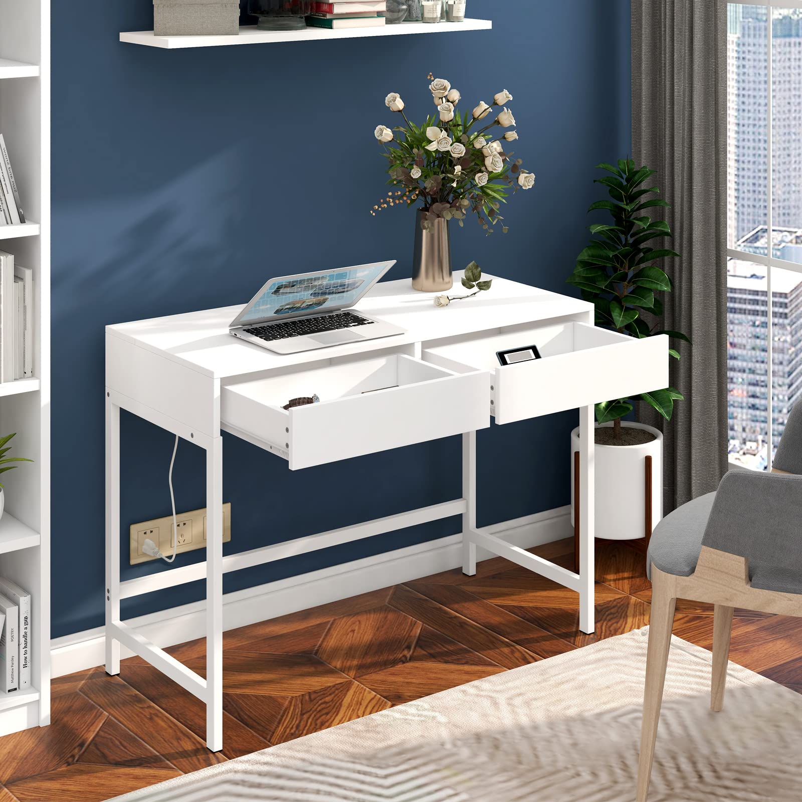 Treocho Computer Desk 39.4" Study Writing Table with USB for Home Office, White Metal Frame