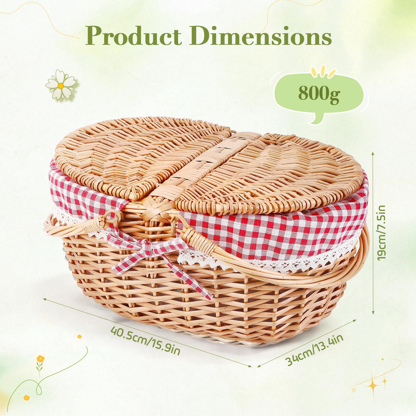 Cesto Picnic Vimini, Coperchio a Doppia Apertura e Manico Pieghevole Cestino da Picniccon, Cestino Intrecciato a Mano con Fodera in Cotone Rimovibile, Adatto per Picnic, Campeggio(Rosso/40x34x19CM)