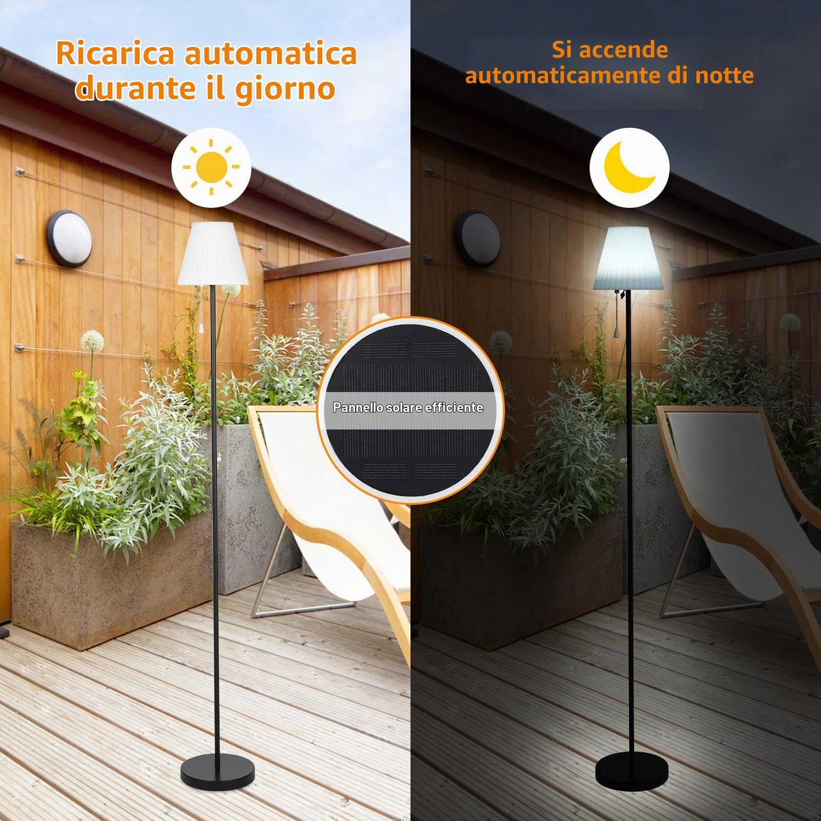 Lixada Lampada da terra solare per esterni, dimmerabile, con sensore di luce, luce bianca calda e RGB, impermeabile IP65, ricaricabile USB, lampada da terra a batteria per interni ed esterni, ideale