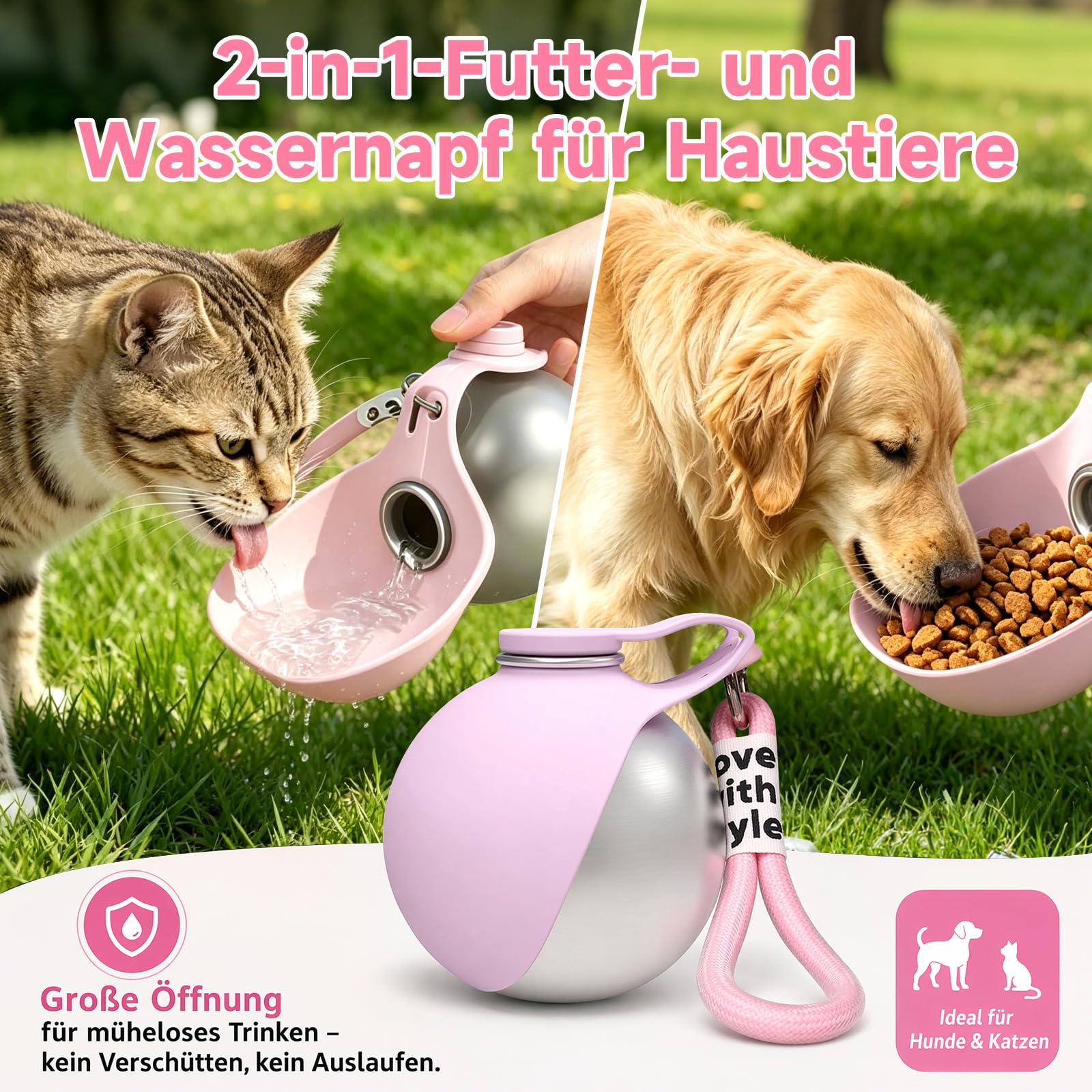 Trinkflasche Hunde für Unterwegs, 285ml Edelstahl Hunde Trinkflasche to Go, Hundetrinkflasche für Unterwegs, Auslaufsichere Wasserflasche mit Faltbarem Silikonnapf für Klein Hund Katzen Reise Camping