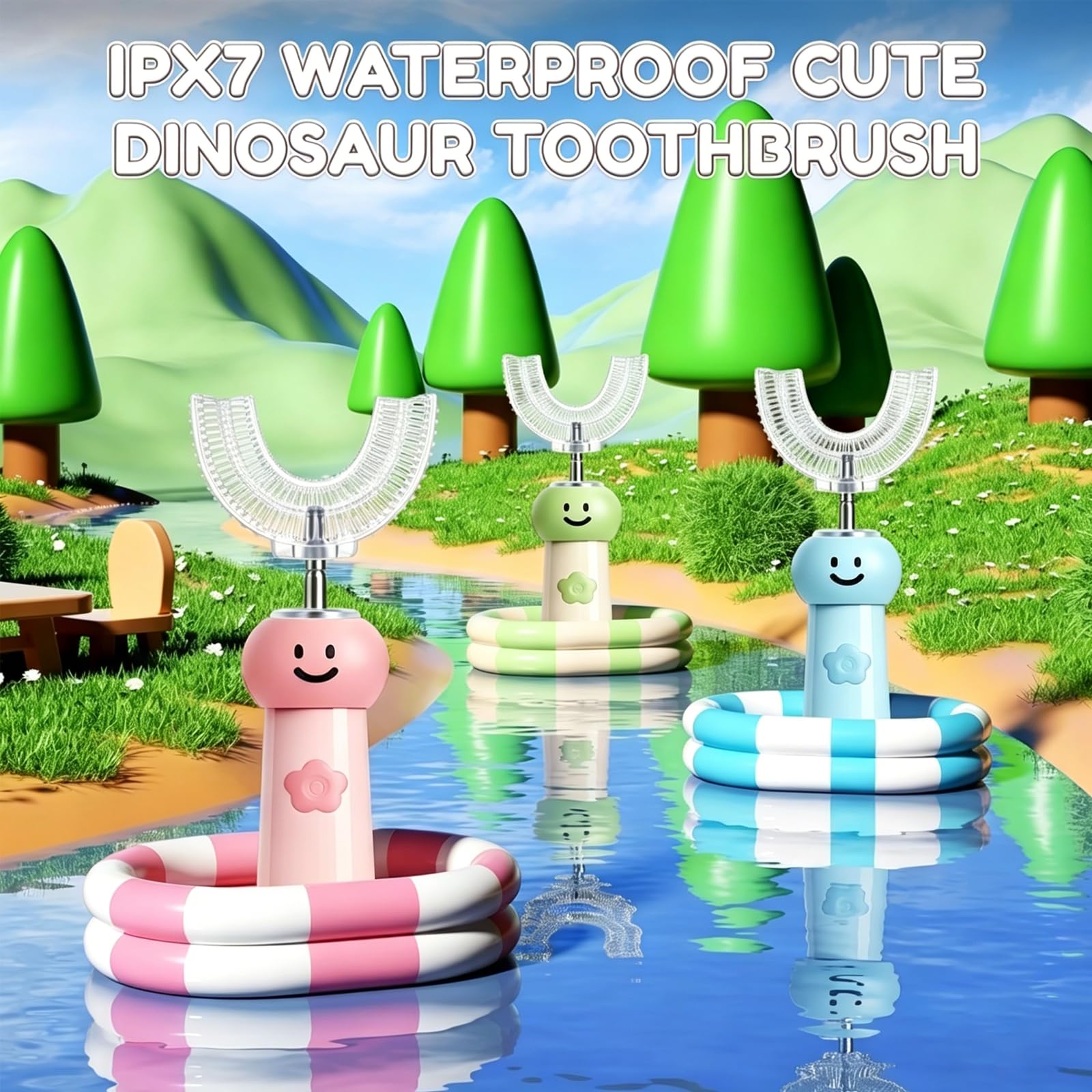 Cepillo de dientes eléctrico en forma de U para niños con 6 cabezales de cepillo, limpieza sónica automática de 360°, 3 modos, IPX7 impermeable, bonito diseño de dibujos animados, edades de 6