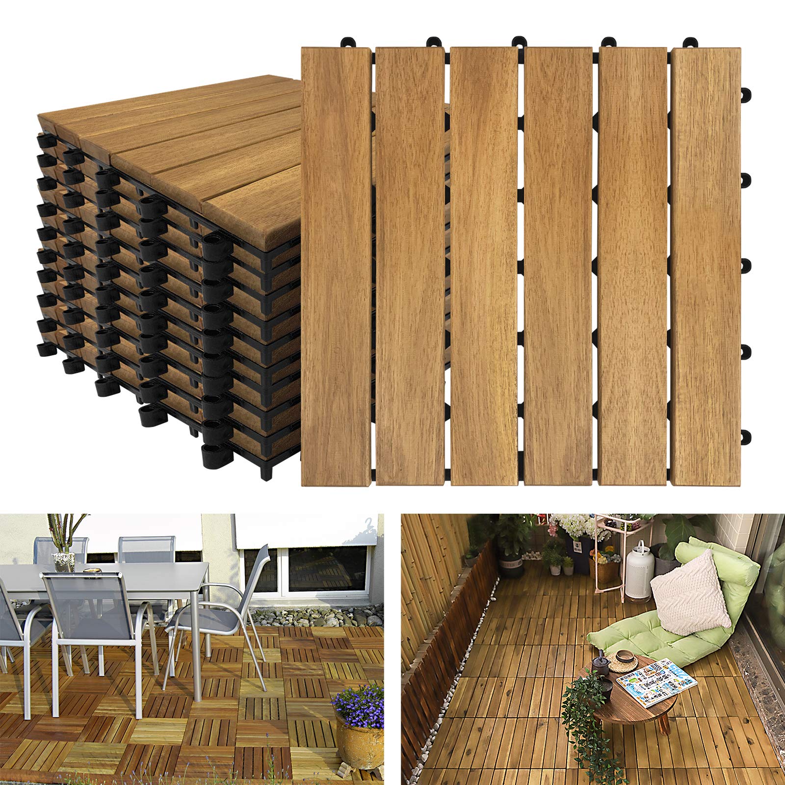 YEATHOR Acacia Wood Decking Tiles 30x30cm Garden Flooring Interlocking Deck Floor Tiles with Click System & Drainage Base Solid Anti-Slip for Patio Balcony Terrace Poolside, Type A 22pcs