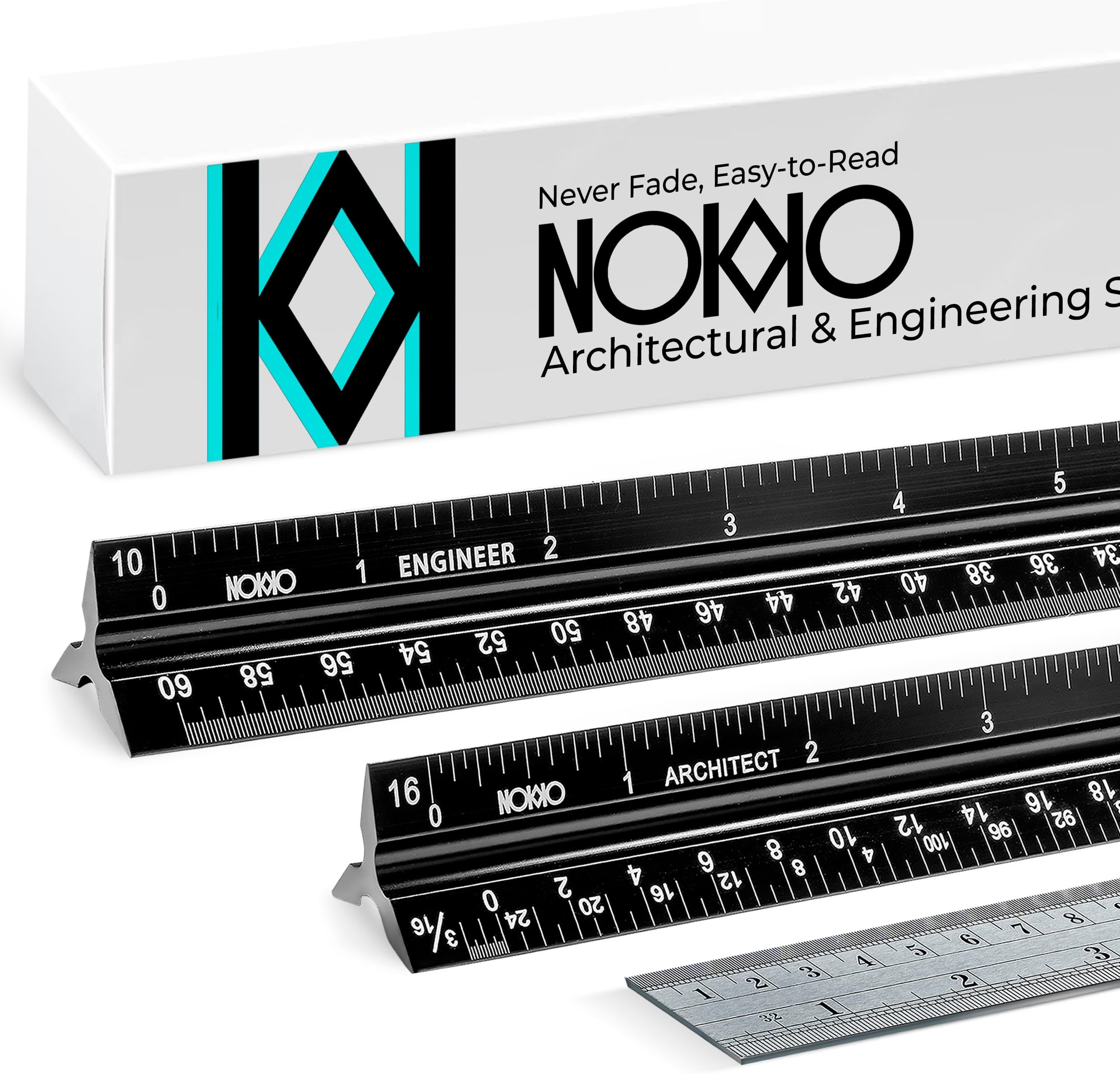 NOKKO 12 Inch Architectural and Engineering Scale Ruler Set - Standard Imperial and Metric Metal Conversion Ruler Included - Professional Measuring Tools for Drafting Blueprints and Civil Engineering