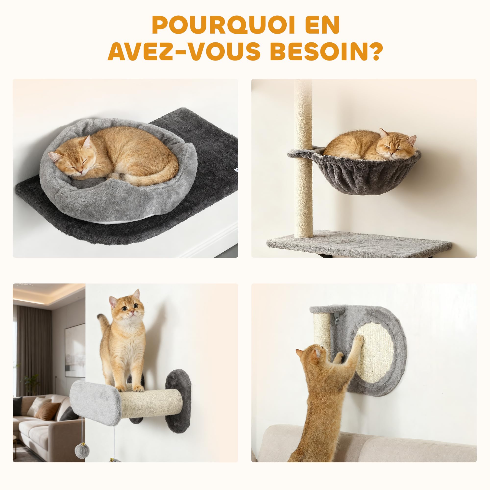 PawHut Scaffali a muro per gatti, 5 pezzi, set di mobili, albero a muro per gatti, con 2 nicchie, amaca, piattaforme, tiragraffi in sisal per gattini da interno fino a 5 kg, grigio