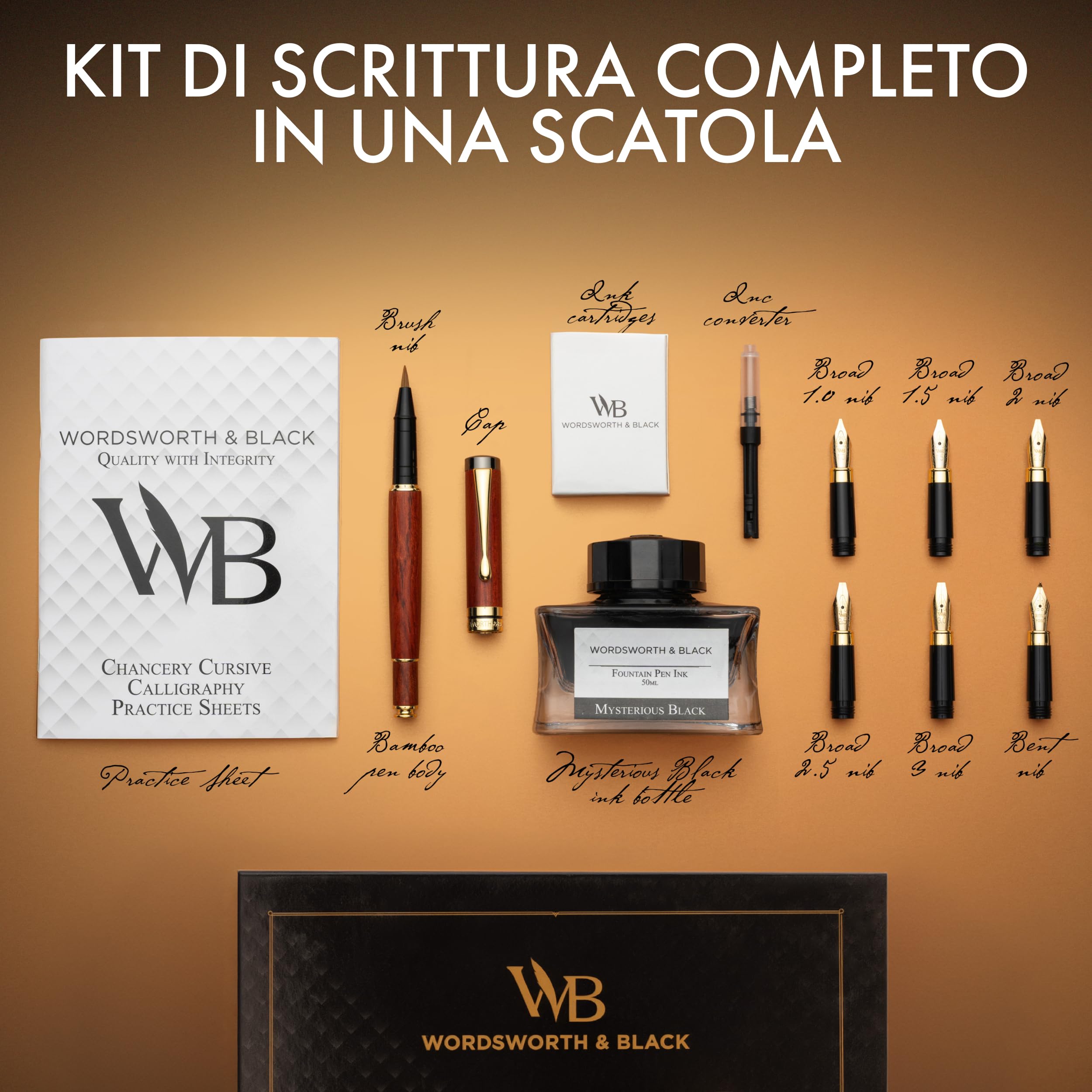 Wordsworth & Black Calligraphy Pen Gift Set, Include Bottiglia di inchiostro, 6 cartucce di inchiostro, convertitore per ricarica, 6 pennini di ricambio, bambù di lusso, journaling [Legno di rosa]