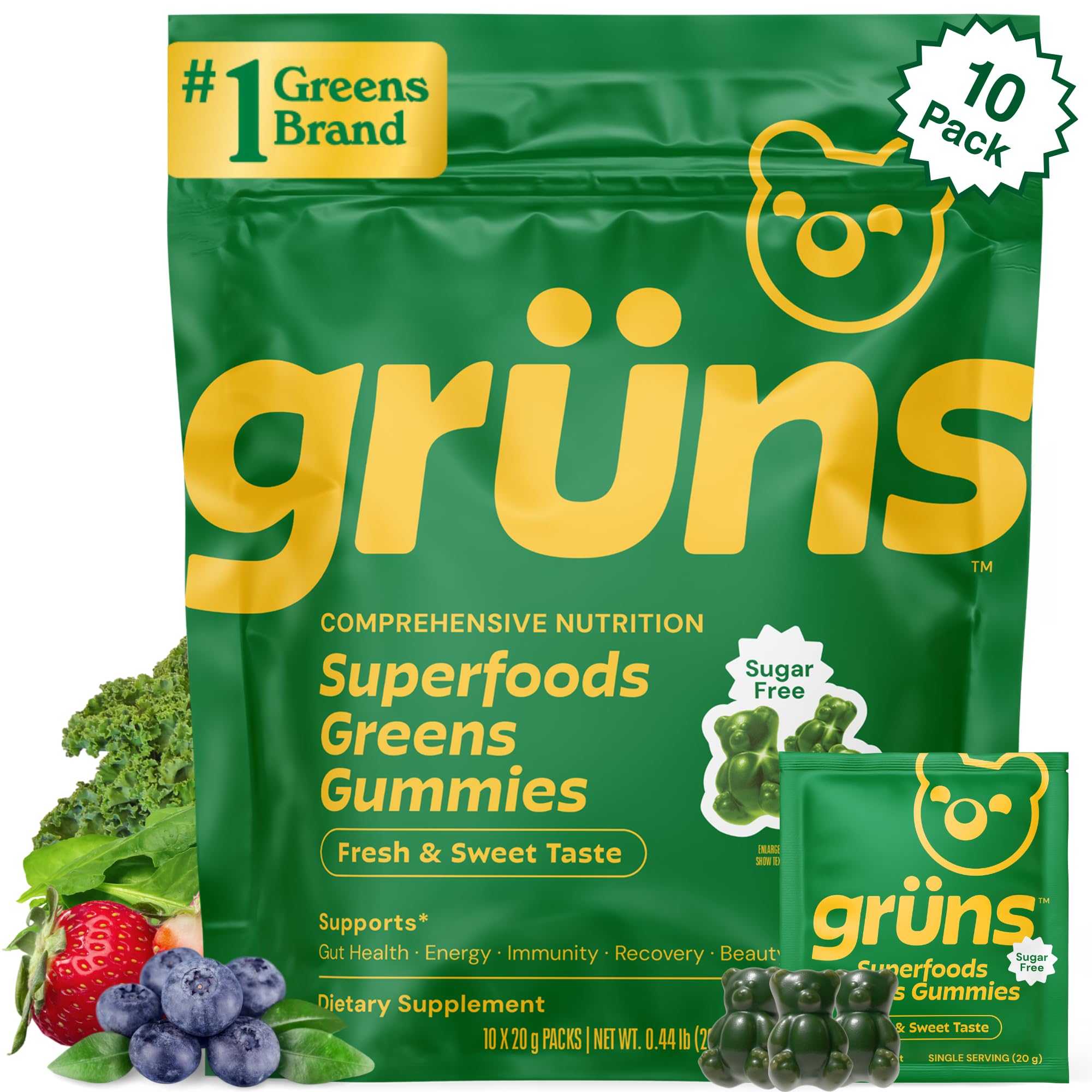 Gruns Sugar-Free Super Greens Gummies, Multivitamin Superfood Gummy Bears, Spirulina, Chlorella, Prebiotics & Fiber gummies for Digestive Health,