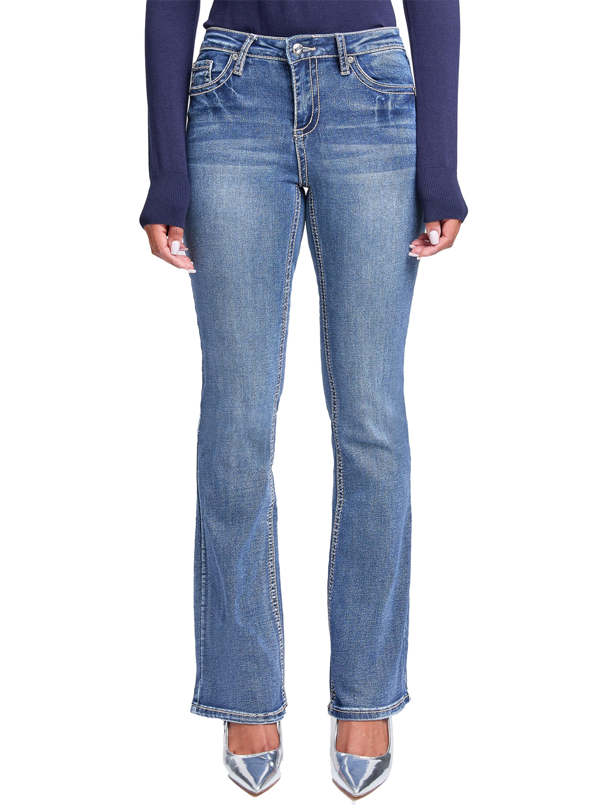 YMI Women's Mid Rise Heavy Stitch Bootcut Cross Studded Jeans