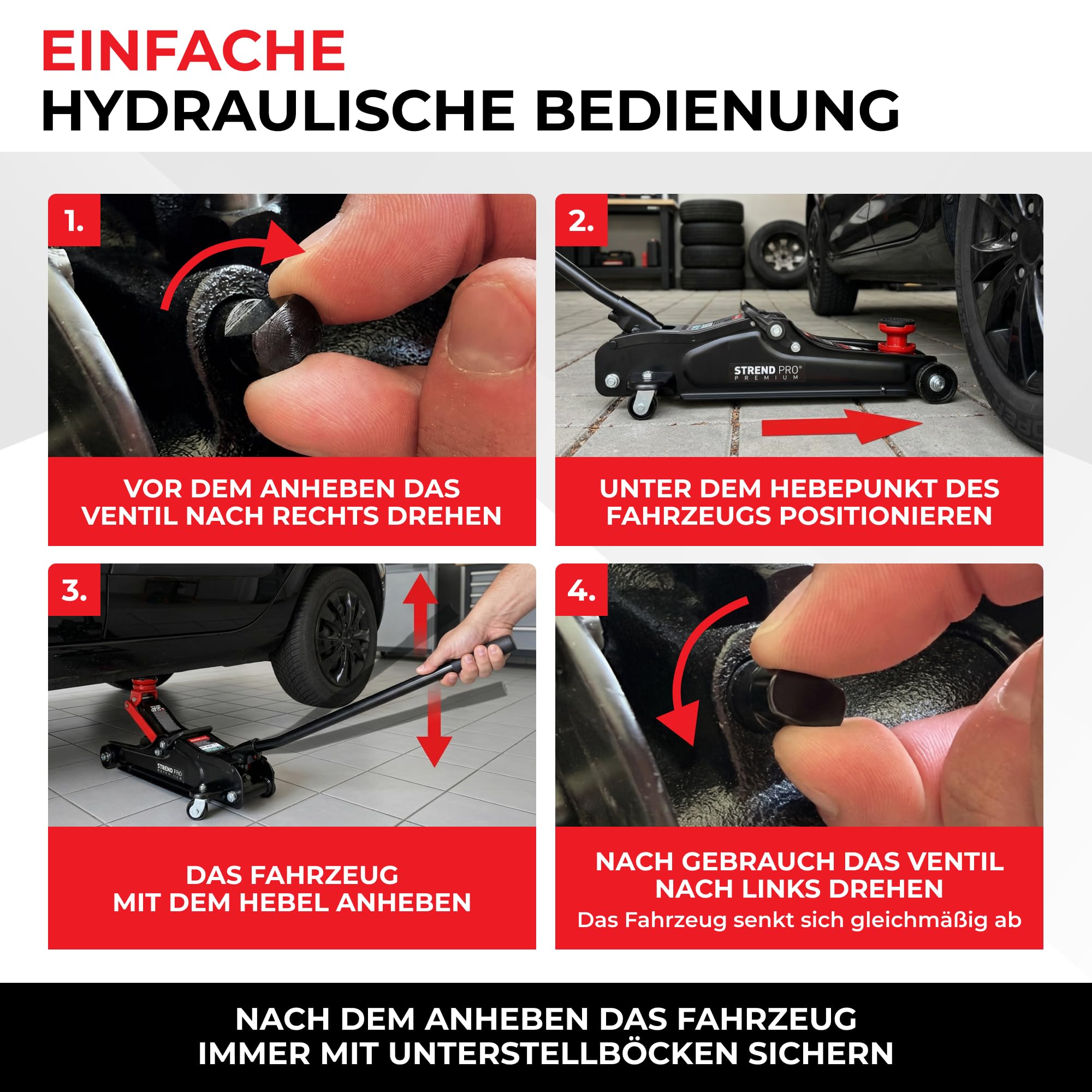 STREND PRO Premium Rangierwagenheber 2,5 t, hydraulischer Wagenheber flach, 80-360 mm Hubhöhe, fahrbar, mit Gummiadapter, niedrige Bauform für PKW