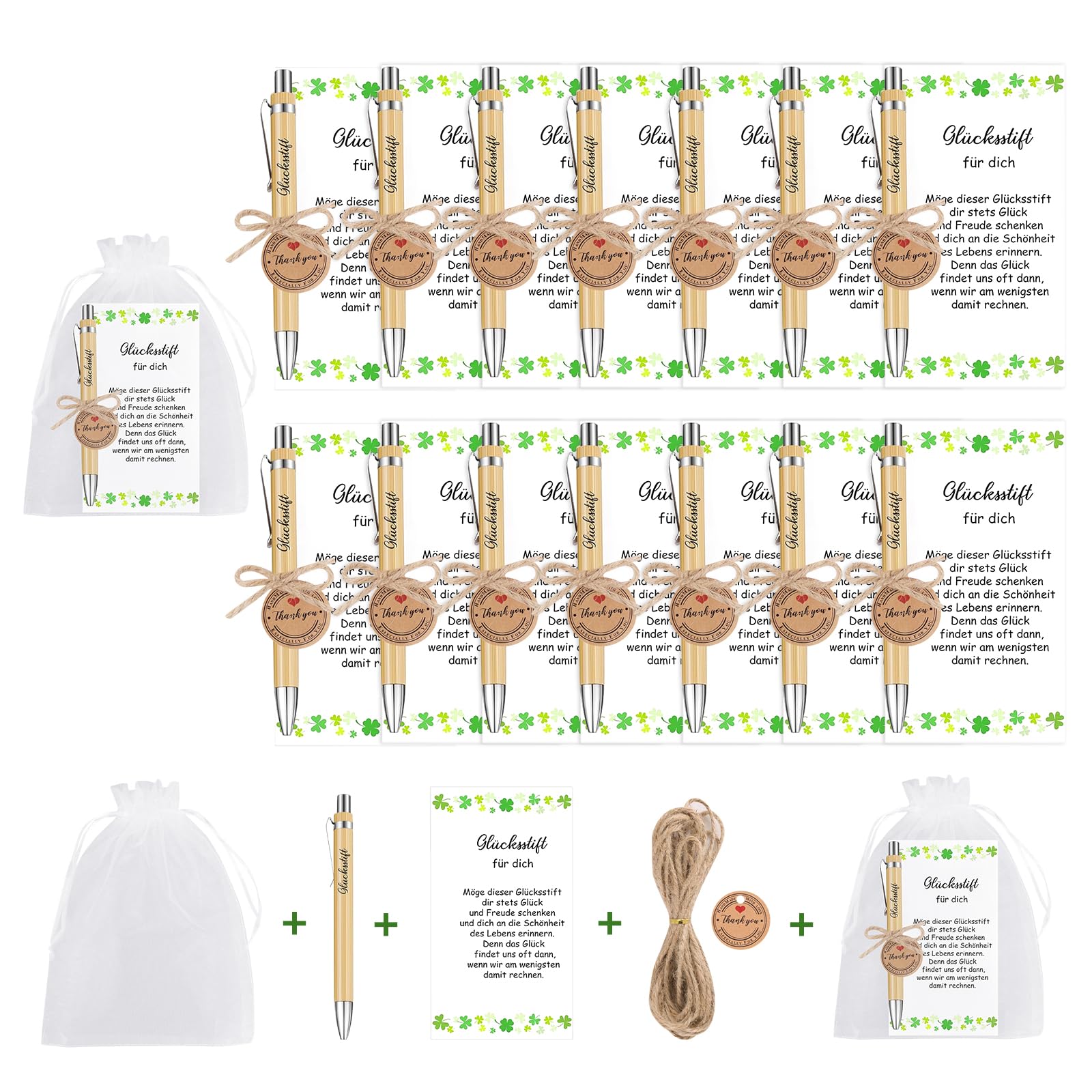 COEKI 15 Sets Glücksstift Kugelschreiber Geschenke für Kollegen, Dankeschön Geschenke mit Karte Holz Kugelschreiber mit Spruch Geburtstag Gastgeschenke Abschiedsgeschenk für Danke Erzieherin Geschenk