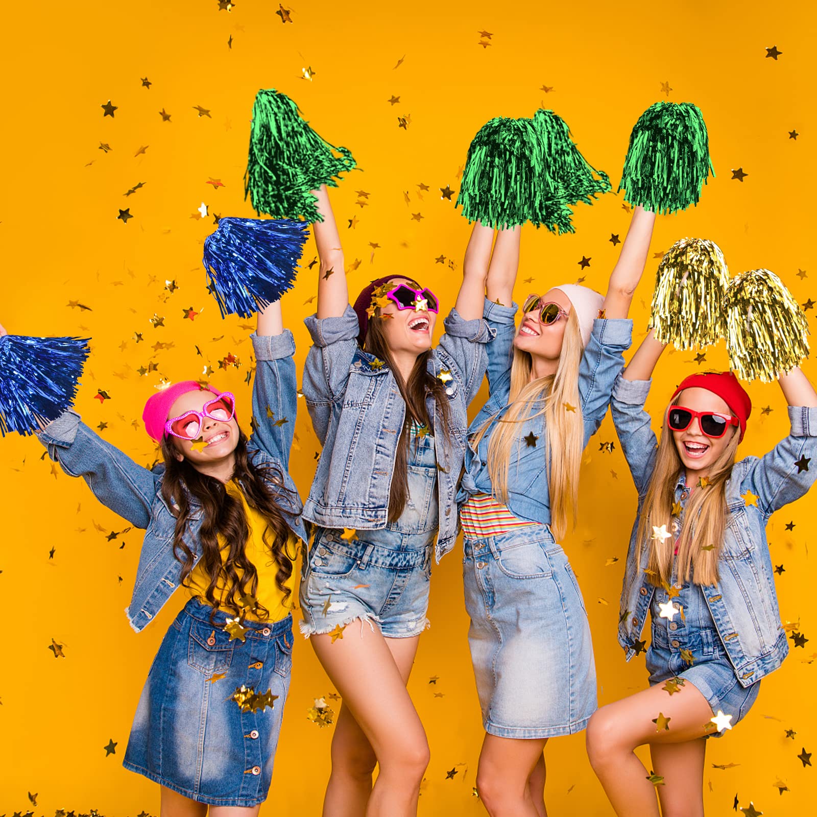 24 STK Metallisch Cheerleading Pompons zum Kinder, Cheerleader Jubeln Pom Poms mit Schlagstockgriff, Jubelnde Truppe Handblume zum Erwachsene Mannschaft Geist Sport Spiel Tanzparty