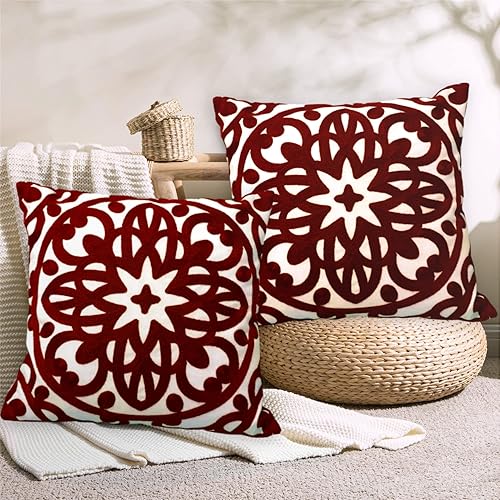 Miniatura 3 de Alysheer Juego de 2 fundas de almohada decorativas bordadas de 18 x 18 pulgadas, patrón de punto de mandala bohemio, duraderas, 100% algodón, para