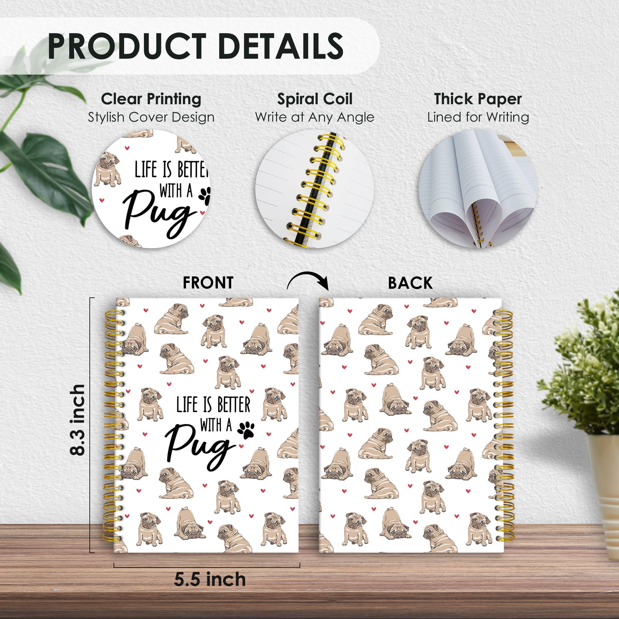 Notizbuch mit Mops-Motiv, A5, Hardcover, Spiralbuch, "Life Is Better with a Pug", liniert, Tagesjournal für Büro, Arbeit, Schule, Zusammensetzung, Hundeliebhaber, Notizbuch, 14 x 21 cm