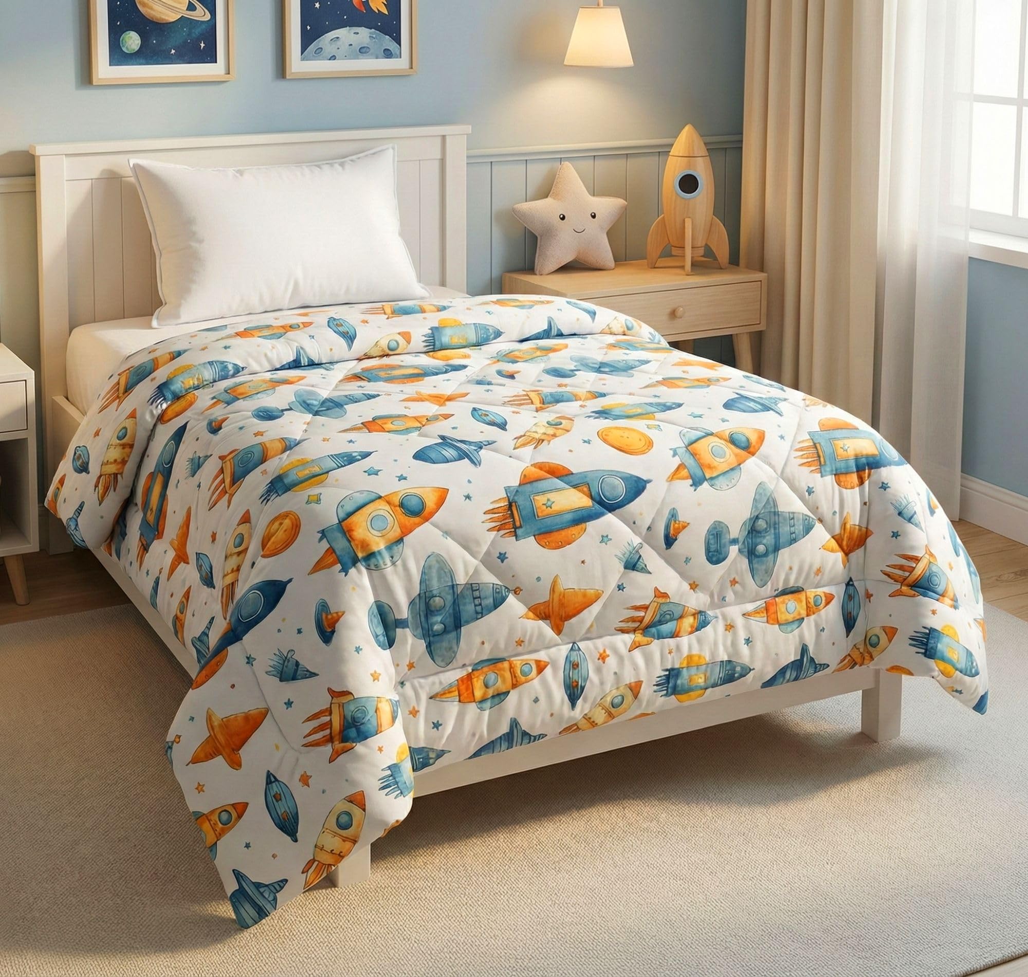 BSB HOME 220 GSM Cotton Reversible AC Comforter | Kids Printed Winter Quilt/Duvet for Single Bed | Soft Warm Cozy Blanket | Size 60 x 86 Inches (152 x 218 cm) (Rocket Print_Pearl)-image-42