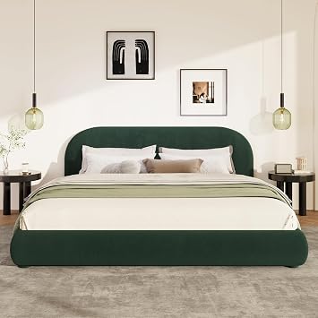 Queen Size Upholstered Bed Frame, Modern Velvet Cloud Bed Frame with Soft Cloud Headboard, Marshmallow Beds with Rounded Corner, No Box Spring Needed, Quiet Support Base, Green