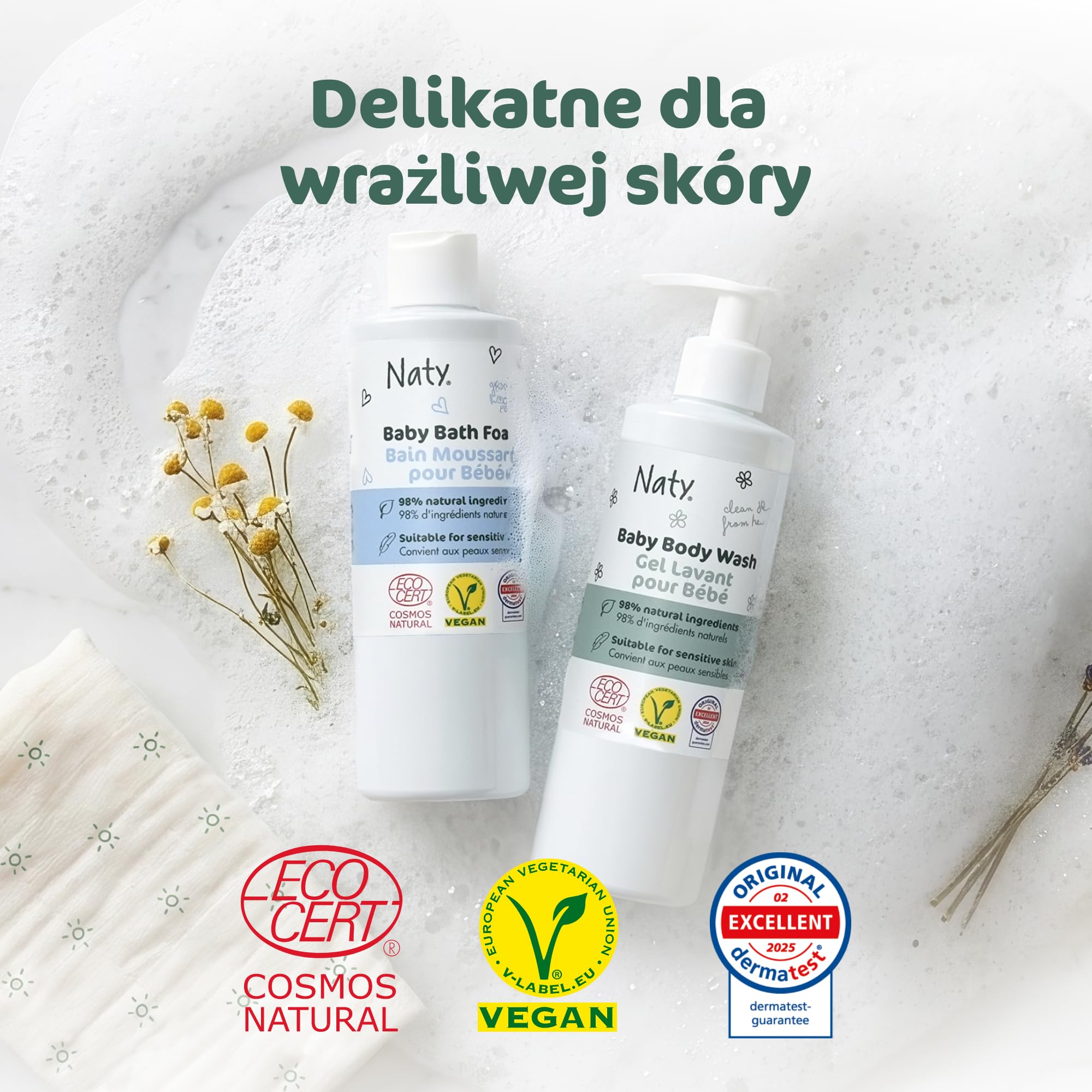 Naty Baby Foam Wash 240ml – Bez Łez, Bezzapachowy, 98% Pochodzenia Naturalnego, Wegański, Certyfikowany COSMOS Natural, Przetestowany dla Skóry Wrażliwej, Bez SLS, Pieniący się Środek Myjący