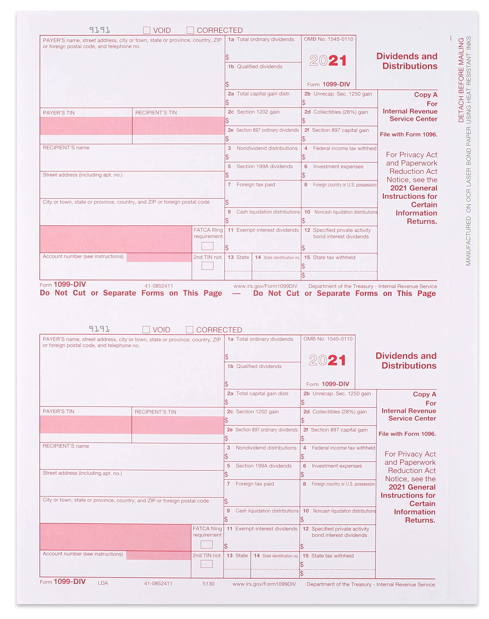 1099-DIV Income, Laser Tax Form, Federal Copy A ~Pack of 25 Forms 2024