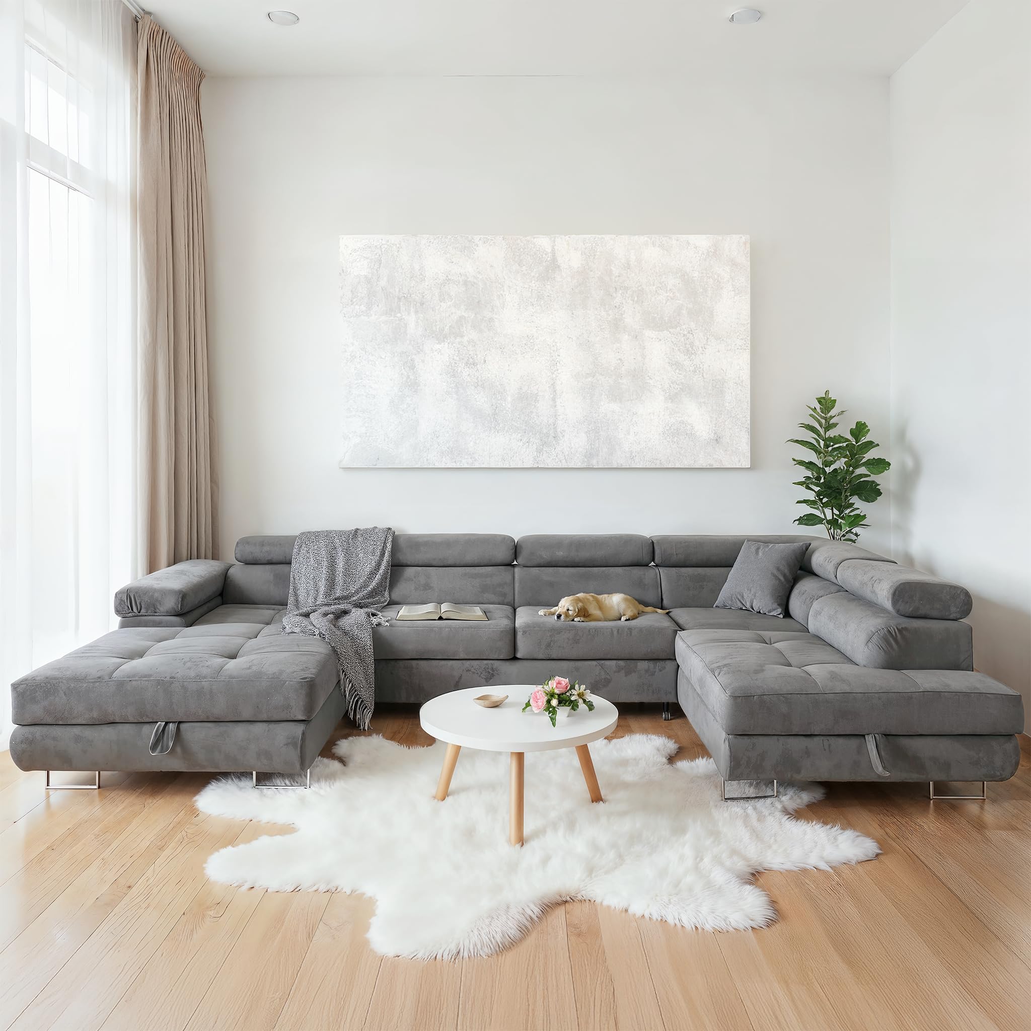 Sofa narożna Aller U XXL sofa narożna z funkcją spania i dwoma skrzyniami na pościel w kolorze szarym, prawa strona (jasnoszara)
