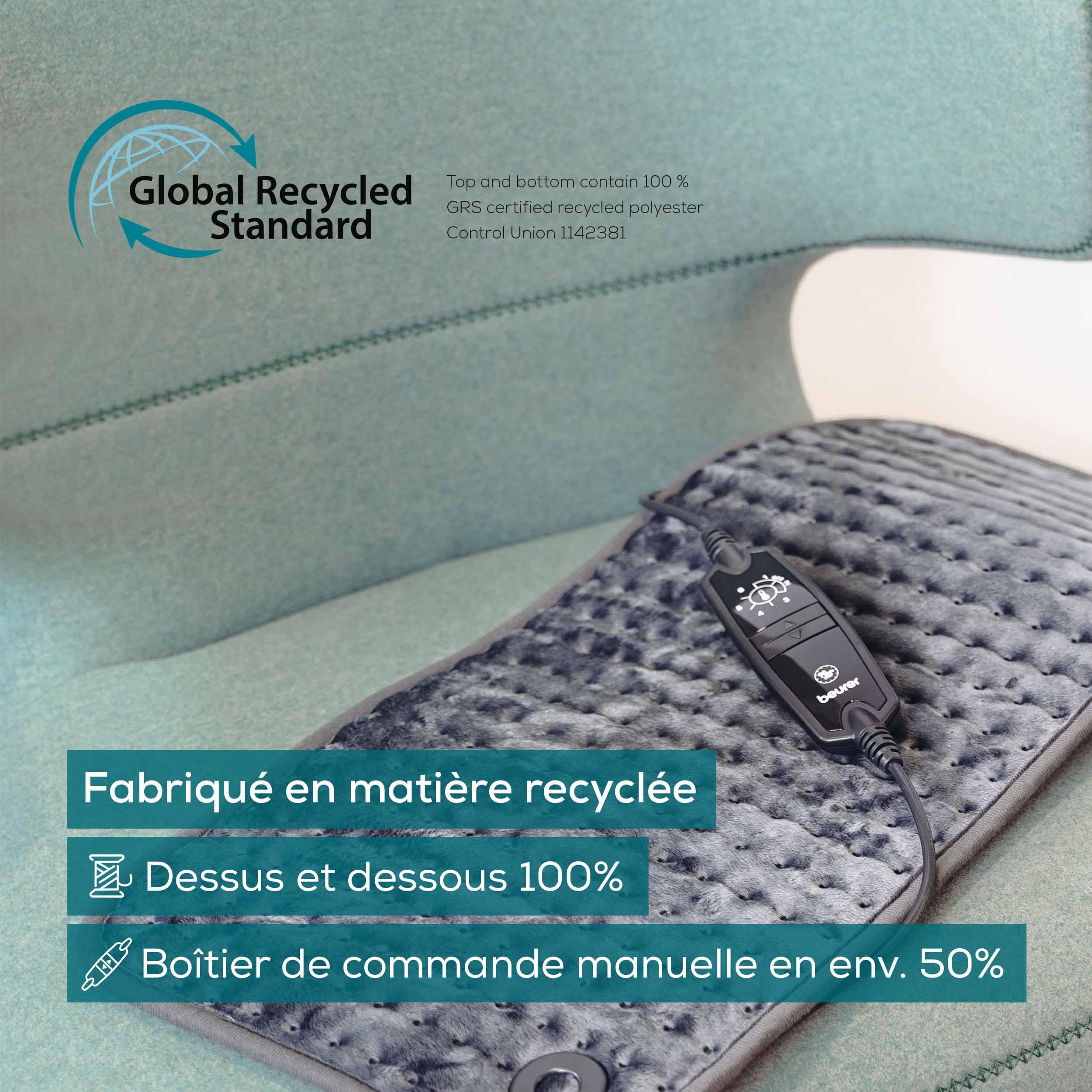 Beurer HK 123 Cosy Grey Green Planet Coussin chauffant, face supérieure et inférieure en matériau recyclé moelleux, format XXL 60 x 30 cm, avec 6 niveaux de température, lavable en machine