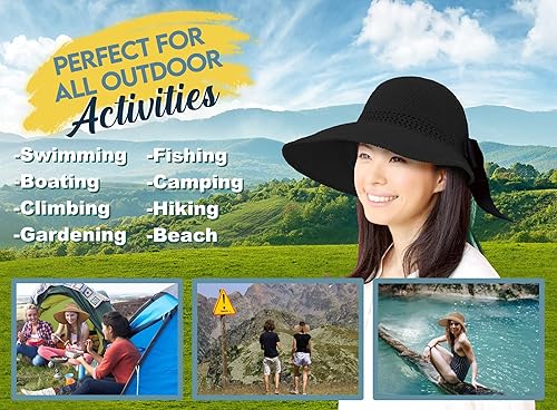 Miniatura 7 de Visera solar de paja para mujer, ala ancha, protección UPF 50+, sombrero de playa, ajustable, plegable, gorra de cola de caballo con correa para la