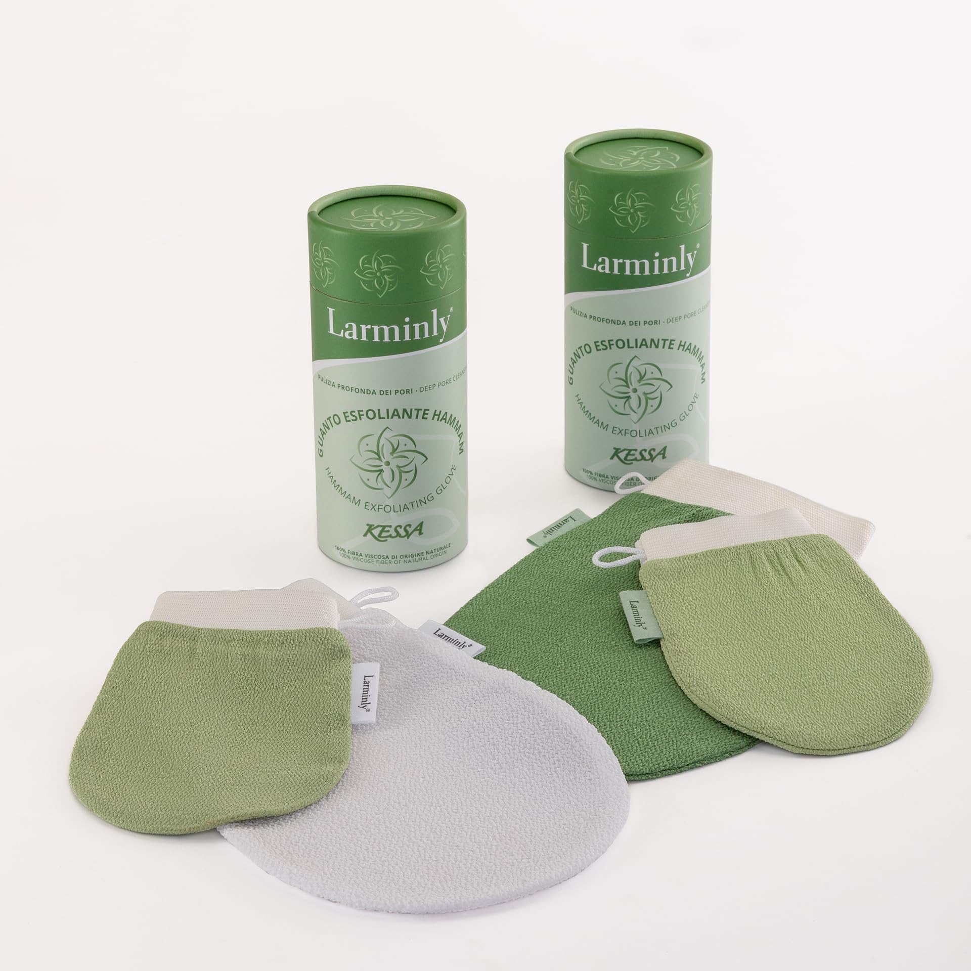 Larminly Guanto Esfoliante Corpo Kessa Hammam 100% viscosa di origine naturale, set 2 pezzi scrub corpo 250D rugosità alta e peeling viso 120D rugosità delicata.