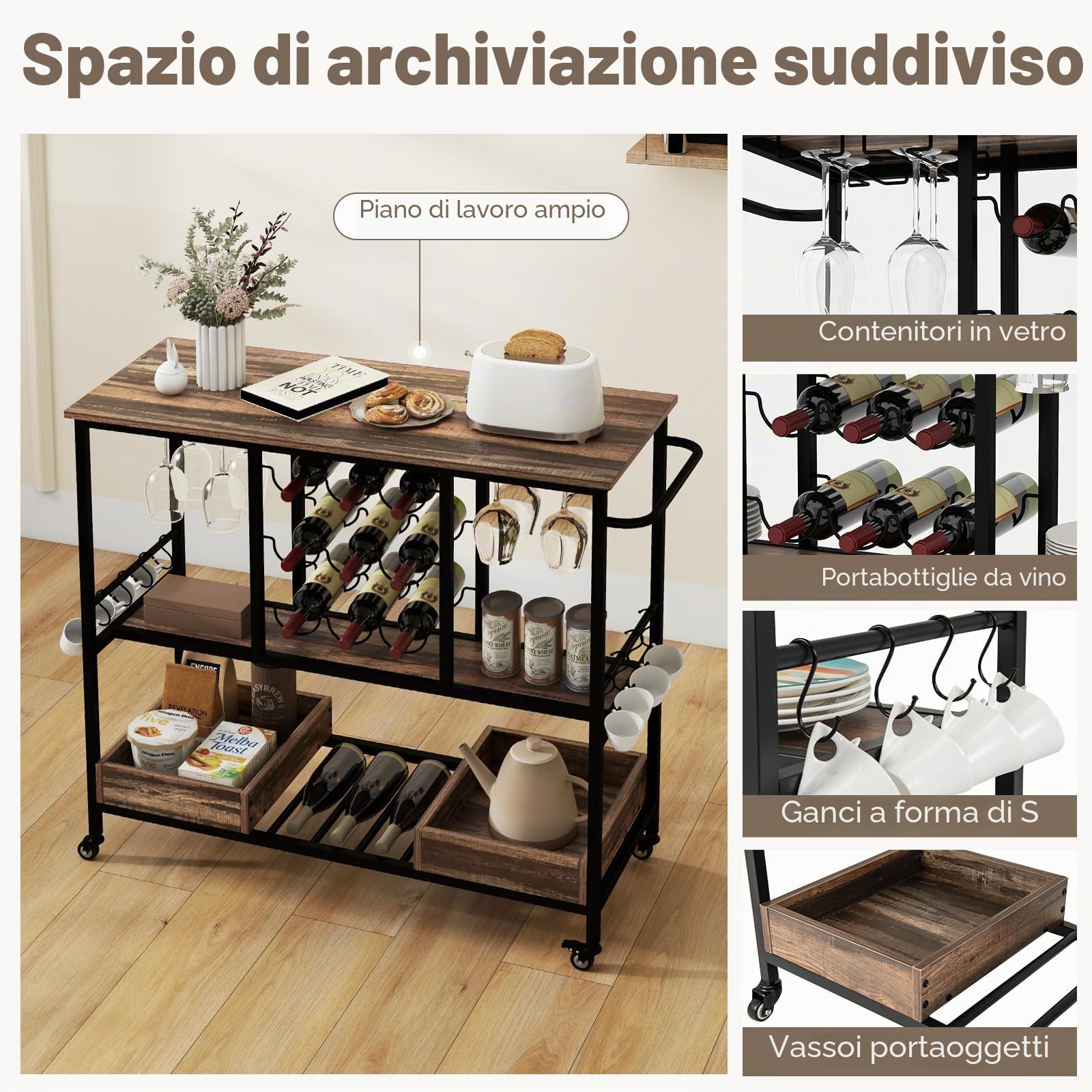 GIANTEX Carrello di Servizio Industriale a 3 Livelli, Carrello da Cucina con Portabicchieri, Porta Bottiglie, 107,5x40x91,5 cm