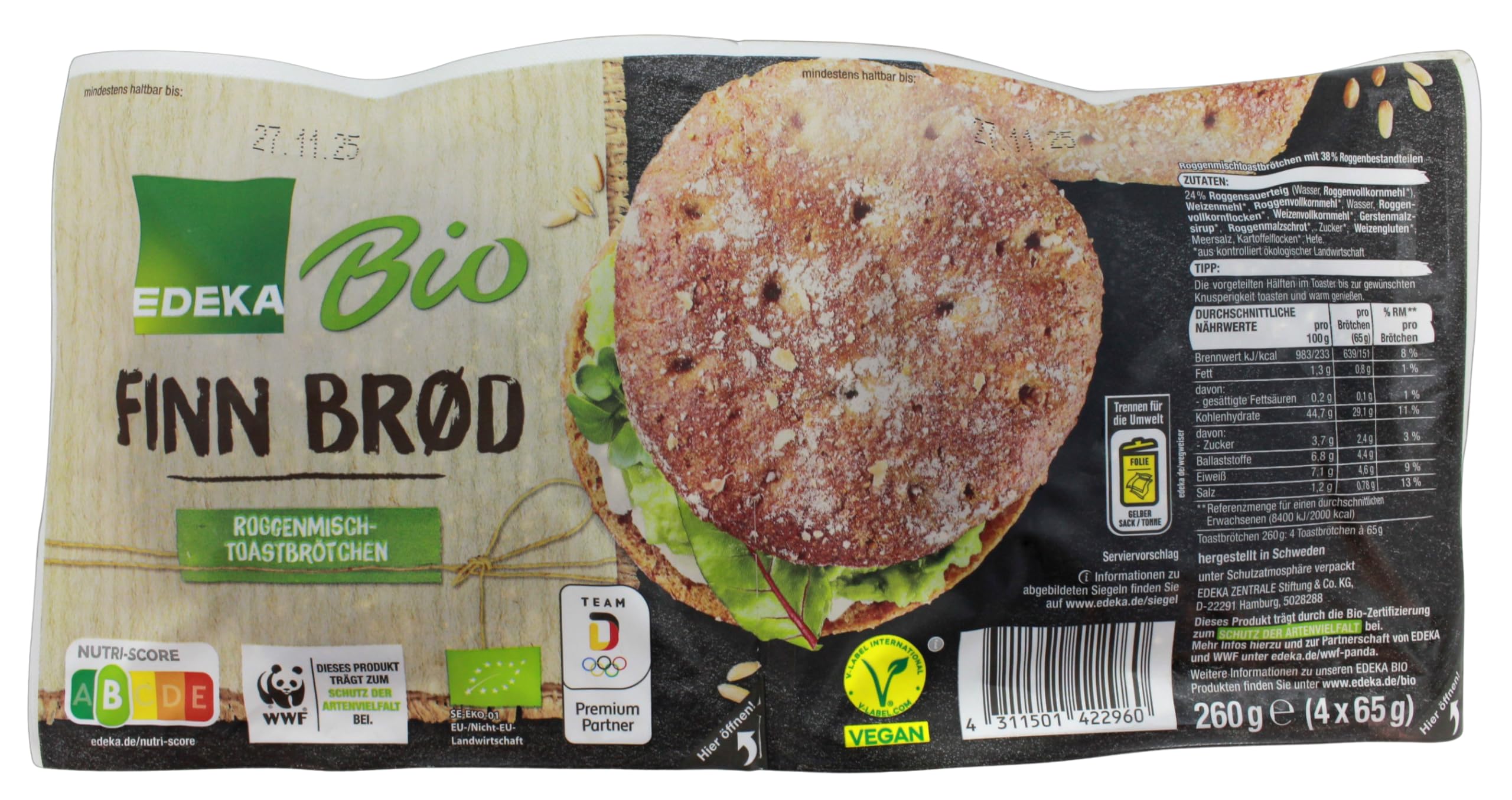 Bio Finn Brød Roggenmischtoastbrötchen, 14er Pack (14 x 260g)