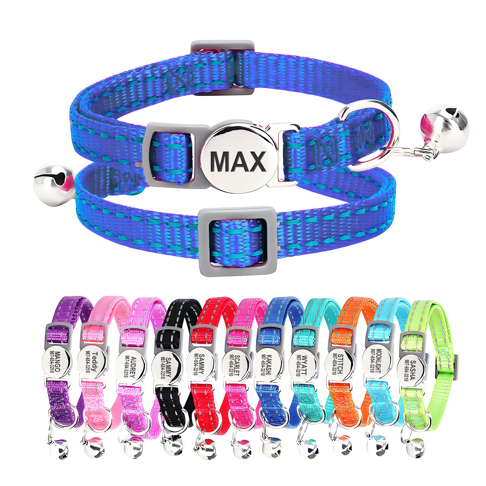 Personalized Engraved Cat Collar|Breakaway Safety Round Buckle|Reflective Adjustable Collar with ID Name Tag & Bell for Kittens & Puppies Cats (7.5'' - 12''),Deep Blue