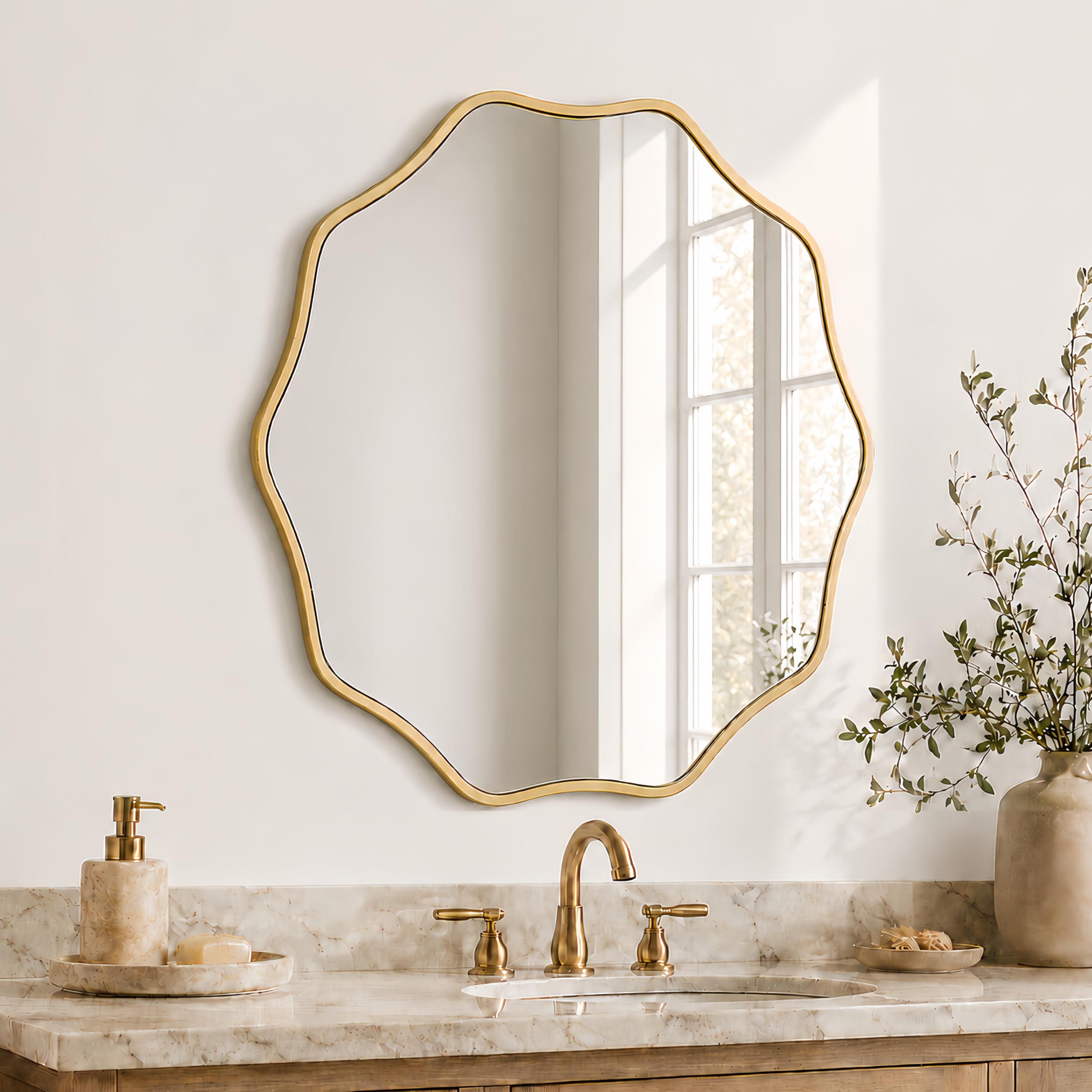 Perfnique Gold Round Wall Mirror, 60 Cm Wavy Wood Framed For Bathroom Nursery Bedroom Living Room Entryway, Decorative Modern Wall Decor (, 60Cm)