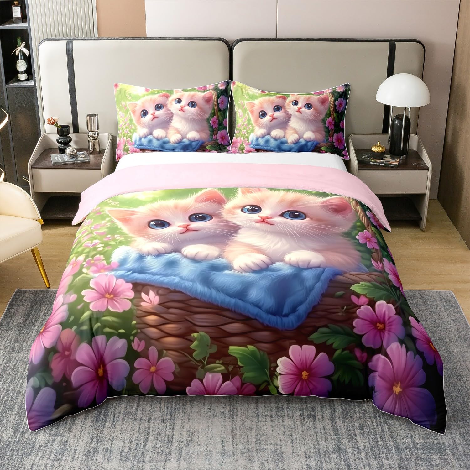 feelingyou Kawaii Cats Bedding Set Cute Kittens Basket Duvet Cover Rustic Flowers Plant Comforter Cover Khaki Pink Green Bedroom Quilt Cover 3Pcs Double 100% Cotton,No Comforter